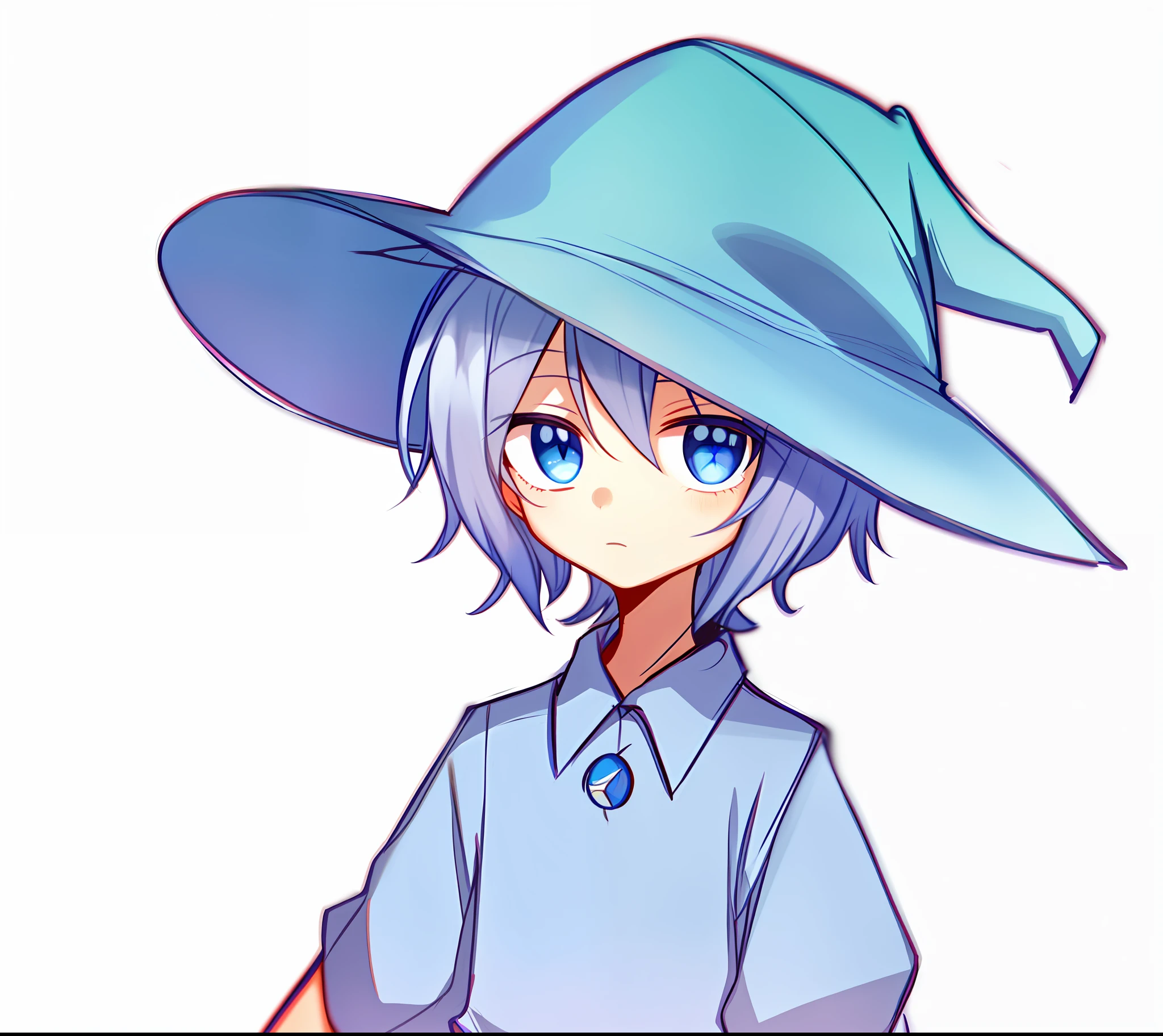 a cartoon drawing of a young boy wearing a blue hat and a blue shirt, 2 d anime style, with a weird hat, witch boy, witch academia, sad wizard, pointy hat, smol, character with a hat, touhou character, archwizzard in a hat, fubuki, it's wearing a cute little hat, booru
