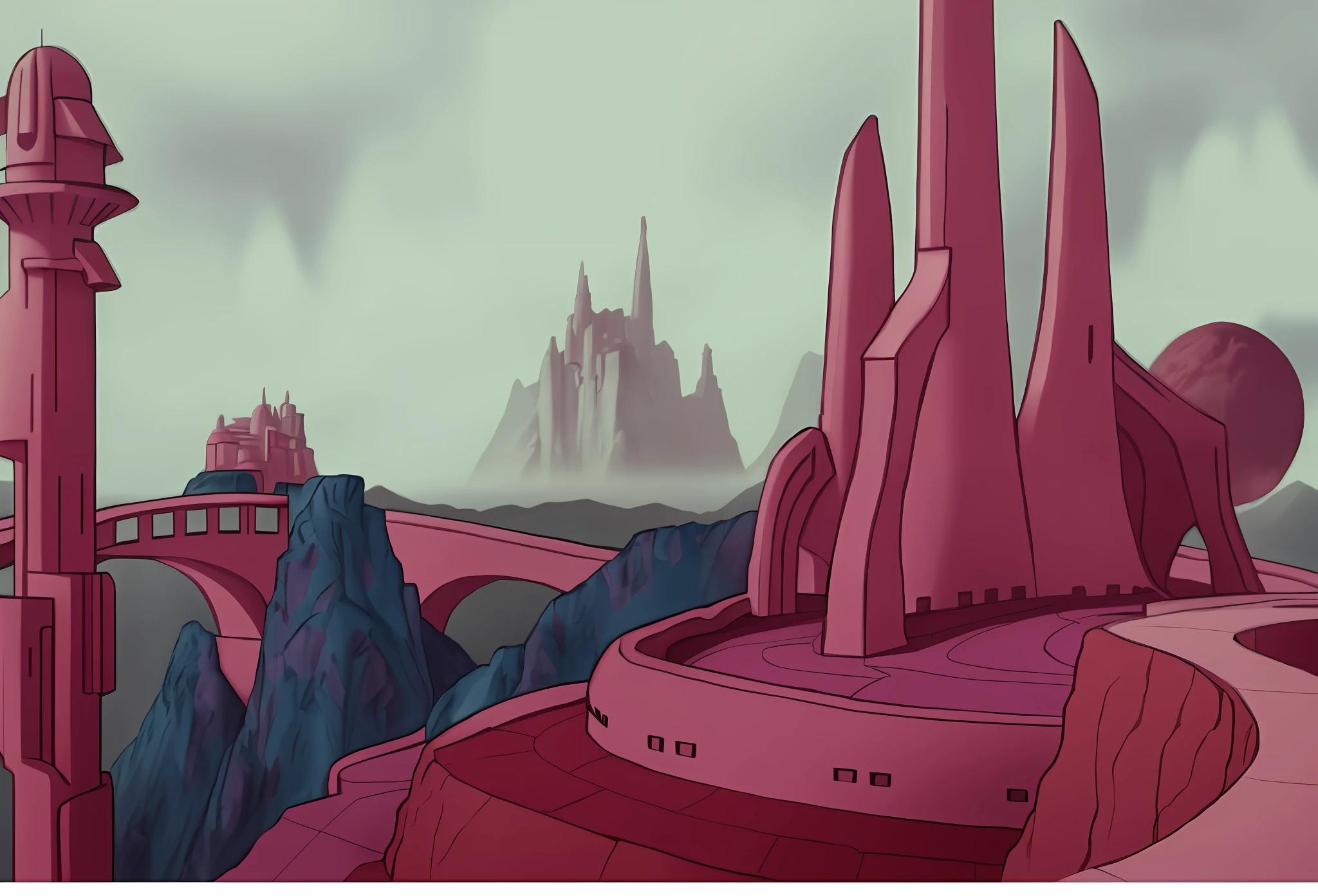 A pink building in the foreground with a mountain in the background, alien castle in the background, in a castle on an alien planet, Moebius aesthetic, alien forest in the background, futuristic setting, an alien city, futuristic castle, Cyberpunk City, Atlantis in the background, near the Crystal Temple in Atlantis, Kingdom of Eternia, Master of the Universe, 4k, 8k,  realistic --auto --s2