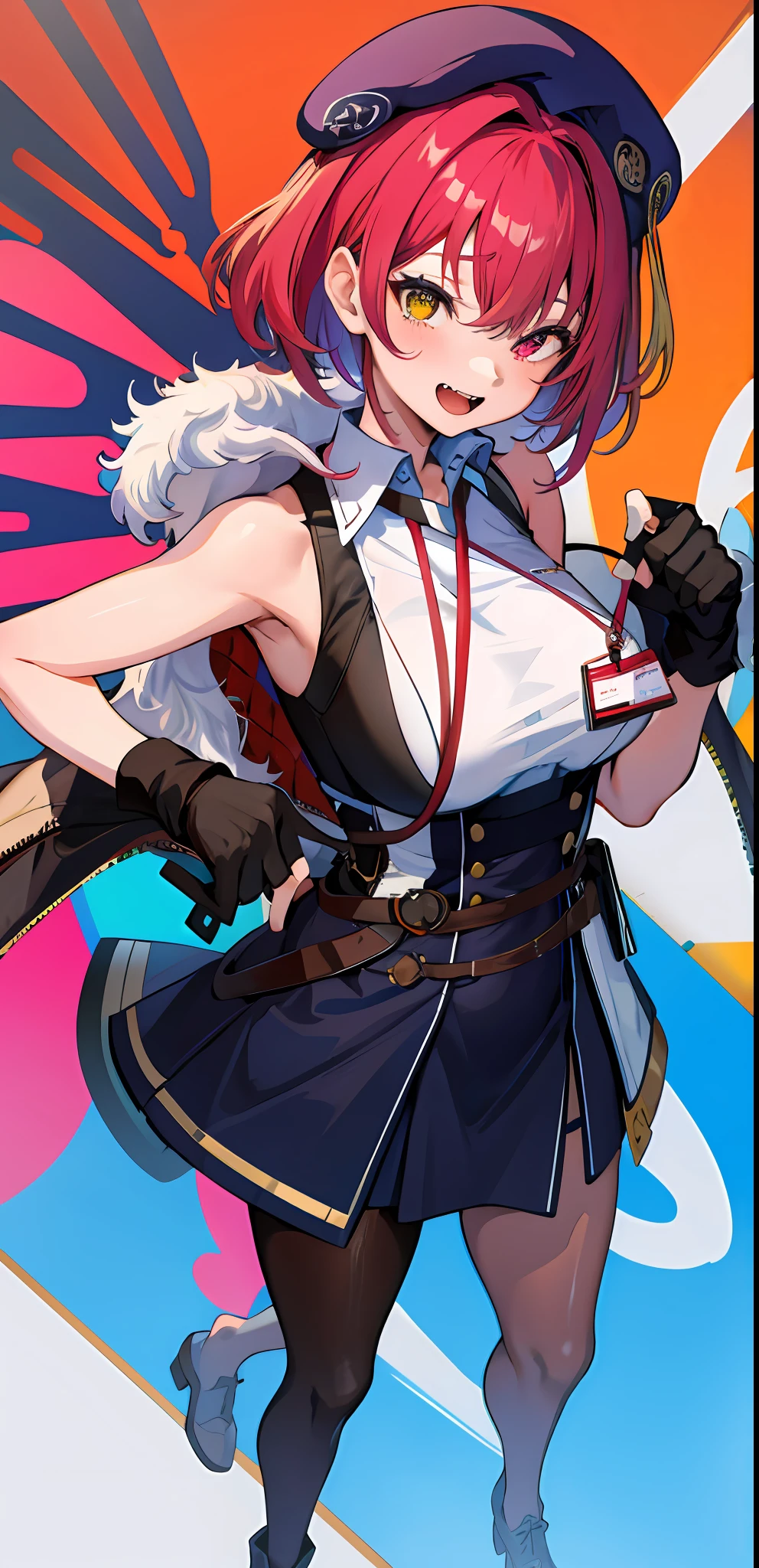 masterpiece, high quality, highres, absurdres, ultra-detailed, detailed eyes, 8k, ti-emb_kobo-kanaeru, 1girl, colorful eyes, fangs, open mouth, bangs, colorful background, looking at viewer, vibrant, contrast, gradient hair, happy, graffiti wall background, water splash, close up, 2d, masterpiece, best quality, anime, highly detailed, full body, 1girl, solo, marine_beret, collared shirt, sleeveless, high-waist skirt, pantyhose, blue jacket, fur trim, fingerless gloves, id card, heterochromia, red eyes, yellow eyes, BREAK airplane interior, large breast