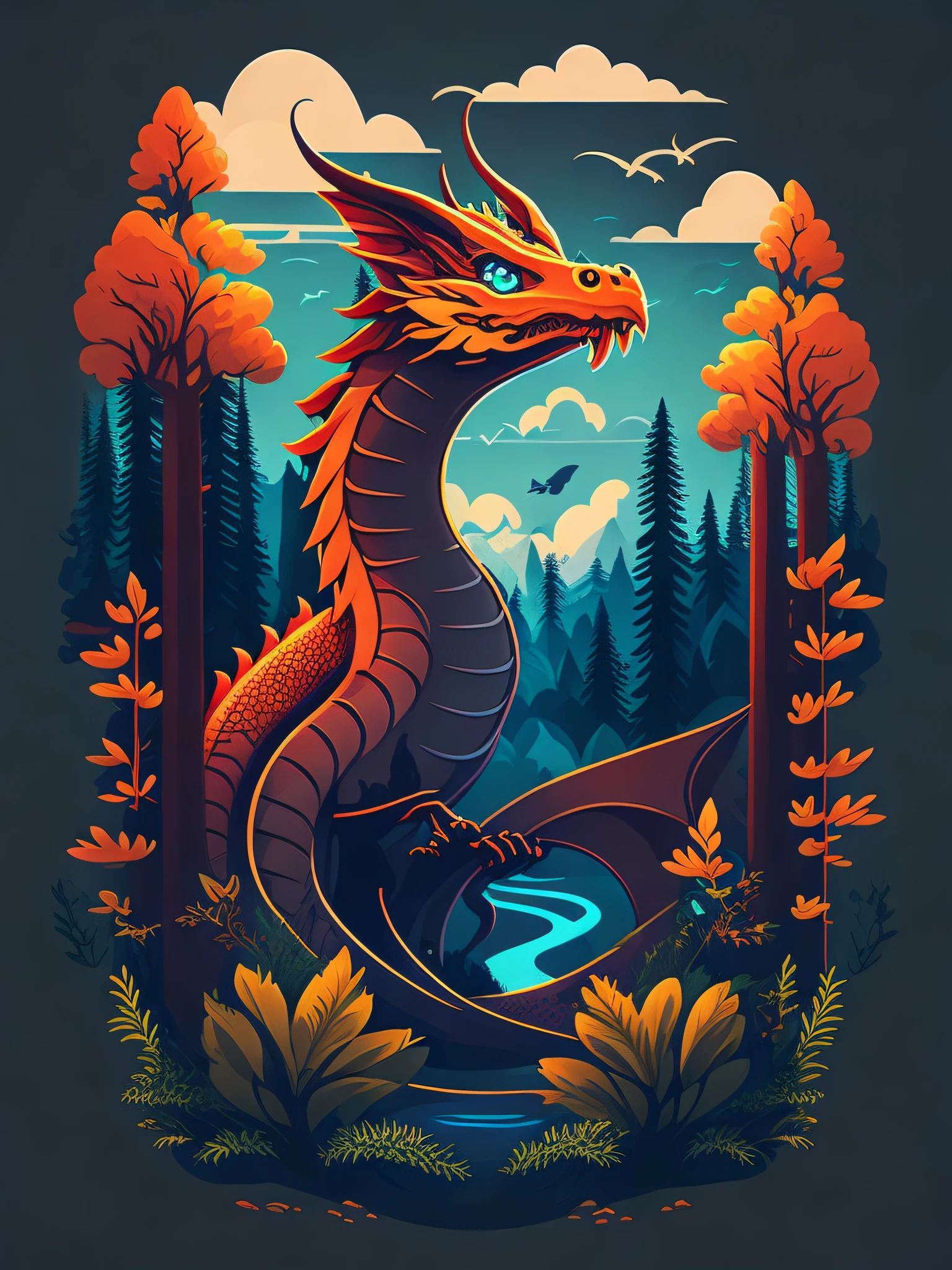 A dragon in a forest landscape, T-shirt design, rzminjourney, vector art