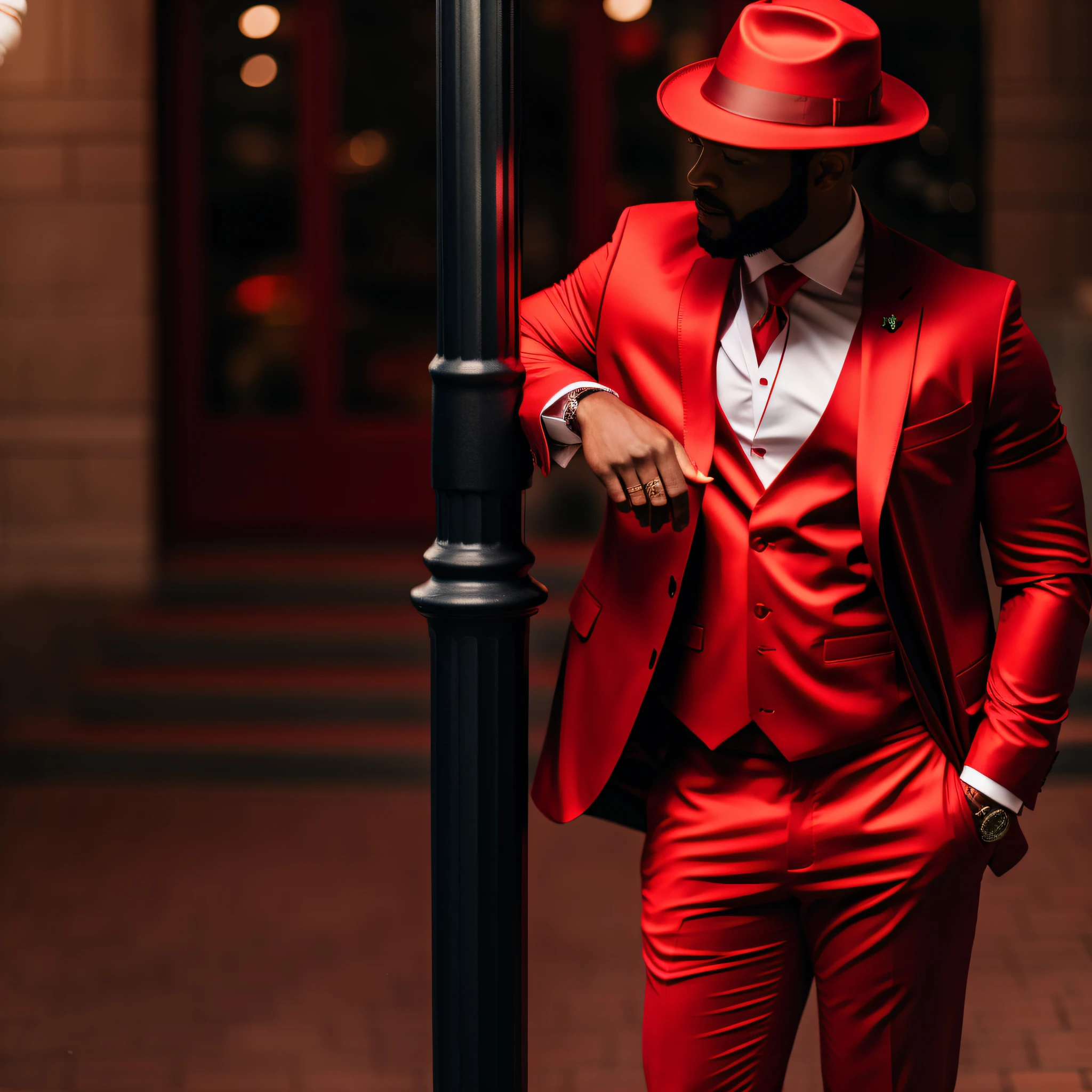 there is a man in a red suit and hat leaning against a pole, red suit, all red, wearing a black and red suit, wearing red attire, wearing red formal attire, in crimson red, red and black suit, wearing red, black and red suit, wearing a red outfit, a suited man in a hat, wearing red clothes, fine details. red --auto --s2