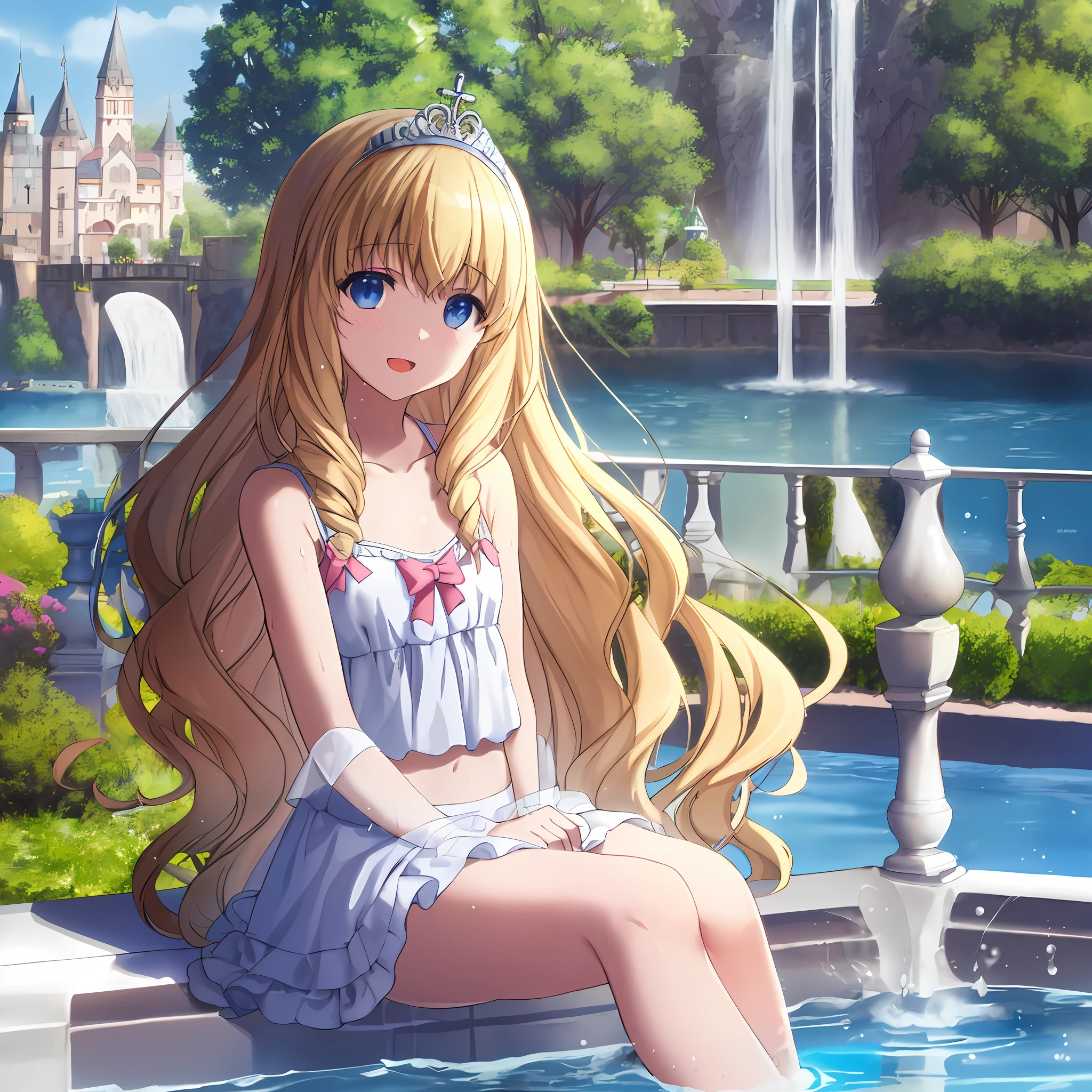 best quality, (masterpiece:1.2), highly detailed, day, outdoors, (beautiful and clear background:1.2), 1girl, solo, latifa fleuranza, open mouth, happy, smile, looking at the viewer, blonde hair, long hair, very long hair, blue eyes, (finely detailed beautiful eyes: 1.2), (tiara), ((theme park)), (boat ride, bathing, wet, pond, water, water fall, water splash, plants, tree, lantren), wet body, flat chest, little,child, (white bikini, white lace bikini), cameltoe, sitting,