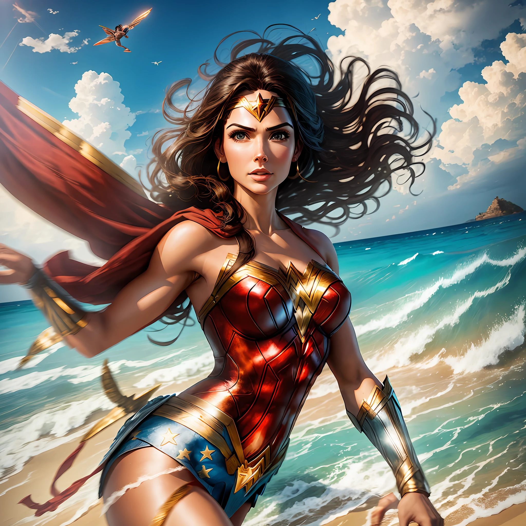 Realistic wonder woman flying on a paradisiacal beach --auto --s2