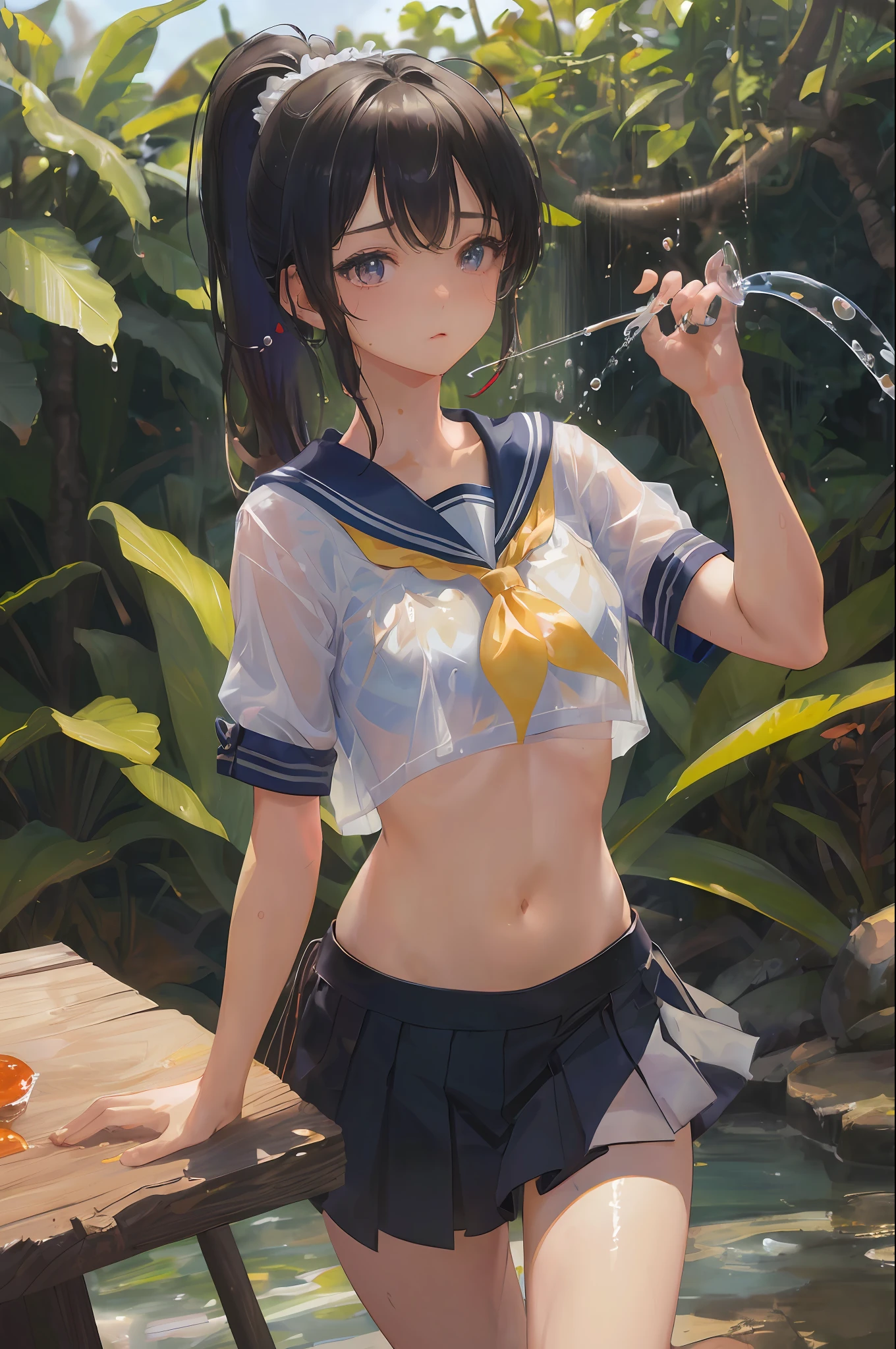 Cornflower art, dreamy, (masterpiece, top quality, perfect ???????, beautiful face, realistic, super detailed, 1 girl, 18 ears senile, solo, depth of field, canon 24mm lens, f1.4, cute_girl, sailor_ collar, clear facial features, short sleeves, small breasts, slender stature, height 170, barefoot, double ponytail, bangs, gravure pose, outdoor, jungle, blurred background, (Uwabaki: 1.1576)) all over body, clear liquid dripping from the crotch, the front of the shirt is exposed, the breasts are visible, the bra is not on,
