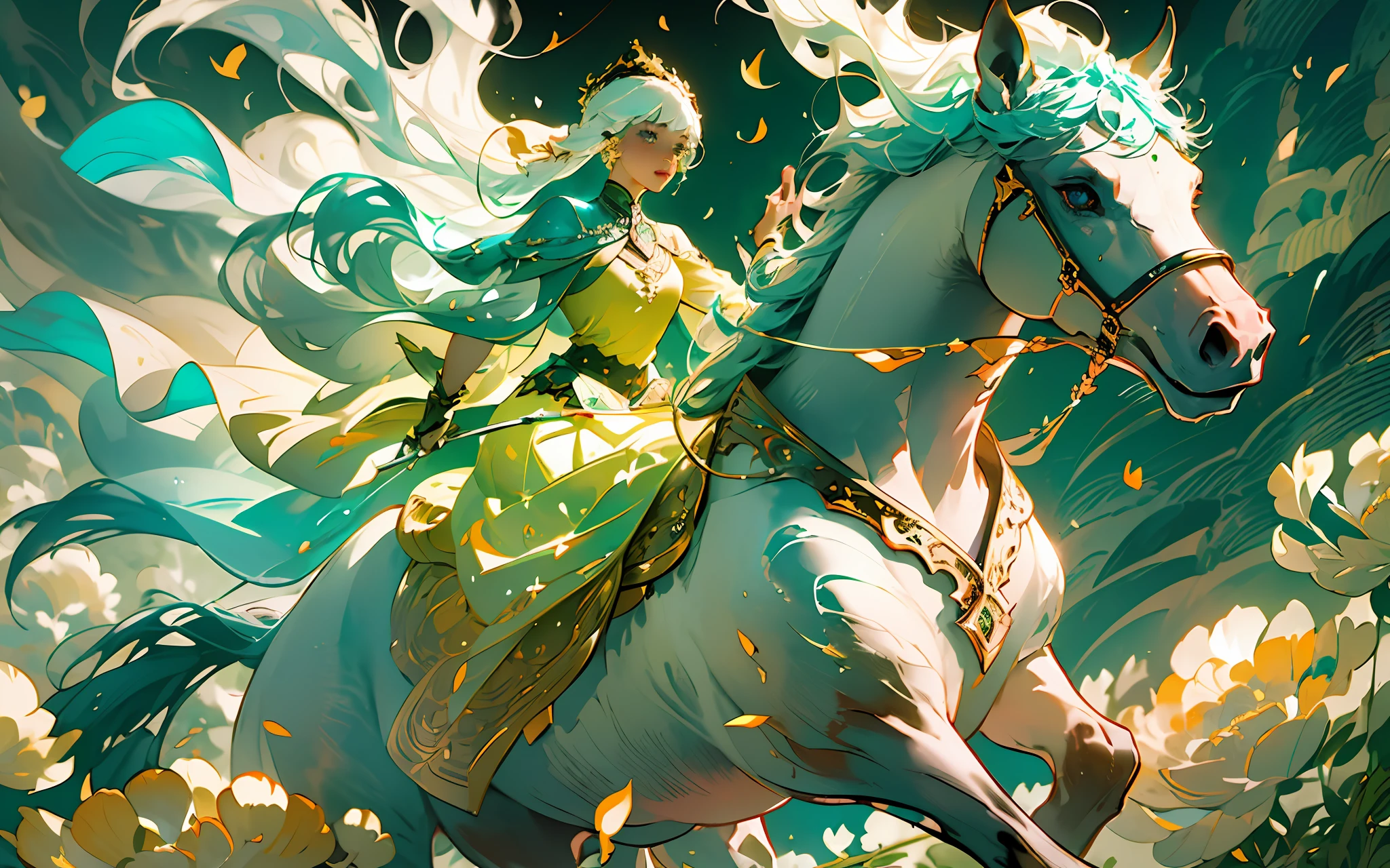 a princess in intricate flowing gilded vests, riding a beautiful horse, over a vast field of wild flowers, petals in the air, (ink painting style, clean color, ink style, blending, decisive cutting, white space:1.3), freehand, sublime shapes, highly detailed, epic composition, highest quality, antique