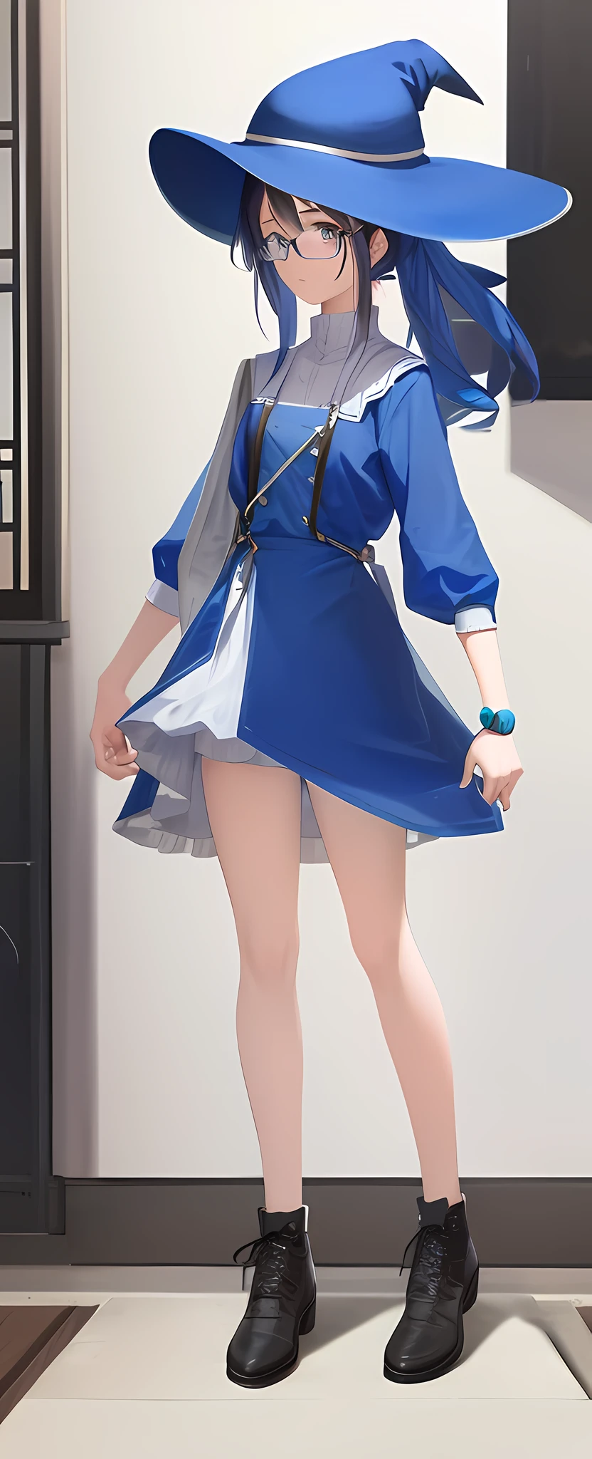 a drawing of a girl with a blue hat and glasses, zoomed out full body, clear outfit design, neutral pose, single character full body, full body details, casual pose, full body character drawing, standing pose, full body character, character is standing, pudica pose gesture, full body illustration, full body single character, distant full body view