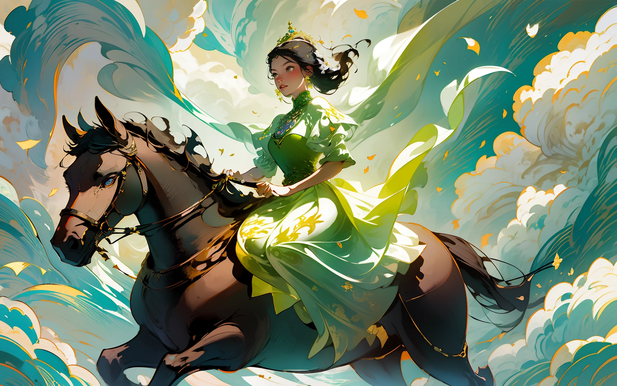 a princess in intricate flowing gilded vests, riding a beautiful horse, over a vast field of wild flowers, petals in the air, (ink painting style, clean color, ink style, blending, decisive cutting, white space:1.3), freehand, sublime shapes, highly detailed, epic composition, highest quality, antique