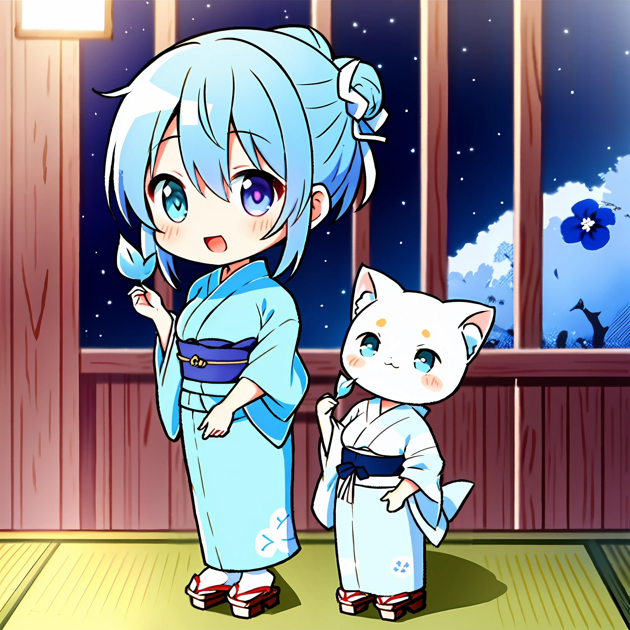 "Kyoto Animation" style anime illustrations, top quality, (cute: 1.1), (cute), (high resolution: 1.2), incredibly ridiculous: 1.3, incredibly fine illustrations, cute girls, (heterochromia, light blue eyes and light green eyes), solo, standing figure, happy, :d, masterpiece, top quality, absurdity, high resolution, official art, (cute: 1.8), (( Chibi character: 1.5)), solo, ((light blue hair, bun hair, kanzashi)), thin hair, 1 beautiful girl, (cute: 1.8), caregiver, maid, (((long yukata, illustration of morning glory, indigo color, luxurious obi)), watch the viewer, from the front, princess eyes, big breasts, from the front, Japan festival, night shop, cute geta, deformed character, holding a goldfish drawstring,