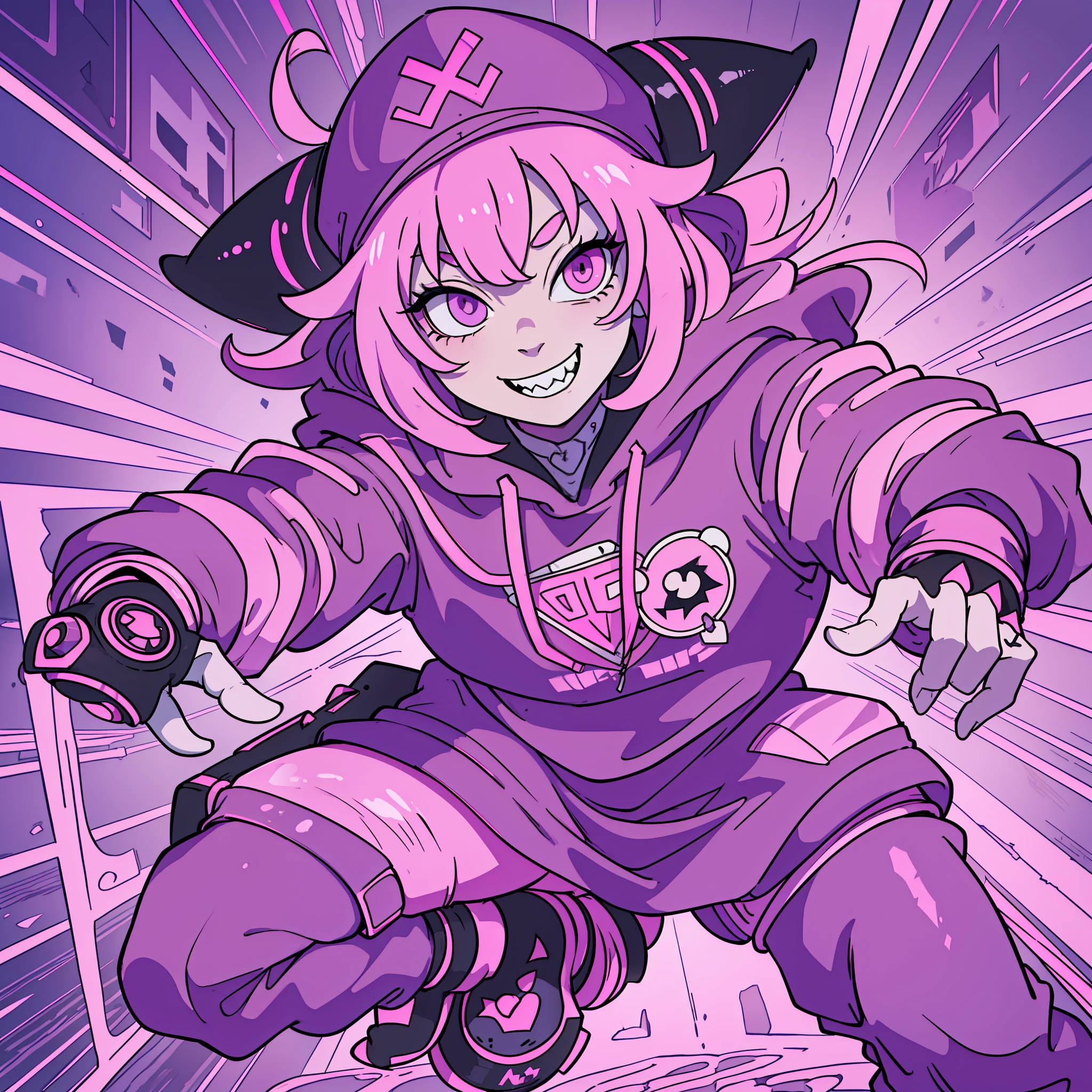 (masterpiece, superior quality, best quality) Unreal Engine 5 .1, a man with a pink hoodie with white horns, pink hat, artstyle anime, [[[Grinning evily]]]], Weirdcore voidpunk fursona, Unknown Artstyle, Bladee from Drain Gang, darksynth character portrait, crazy smile, ((Zerator)), nefarious smile, single character, full body