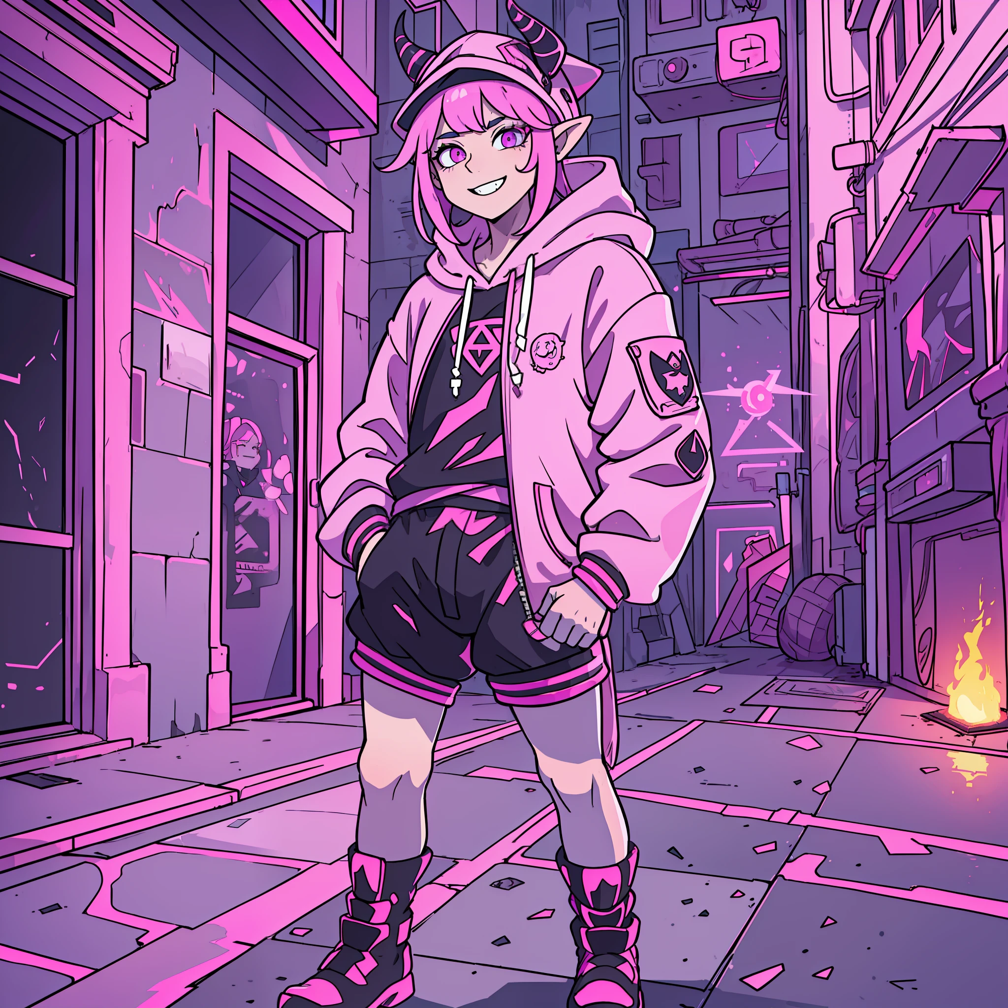 (masterpiece, superior quality, best quality) Unreal Engine 5 .1, a man with a pink hoodie with white horns, pink hat, artstyle anime, [[[Grinning evily]]]], Weirdcore voidpunk fursona, Unknown Artstyle, Bladee from Drain Gang, darksynth character portrait, crazy smile, ((Zerator)), nefarious smile, single character, full body
