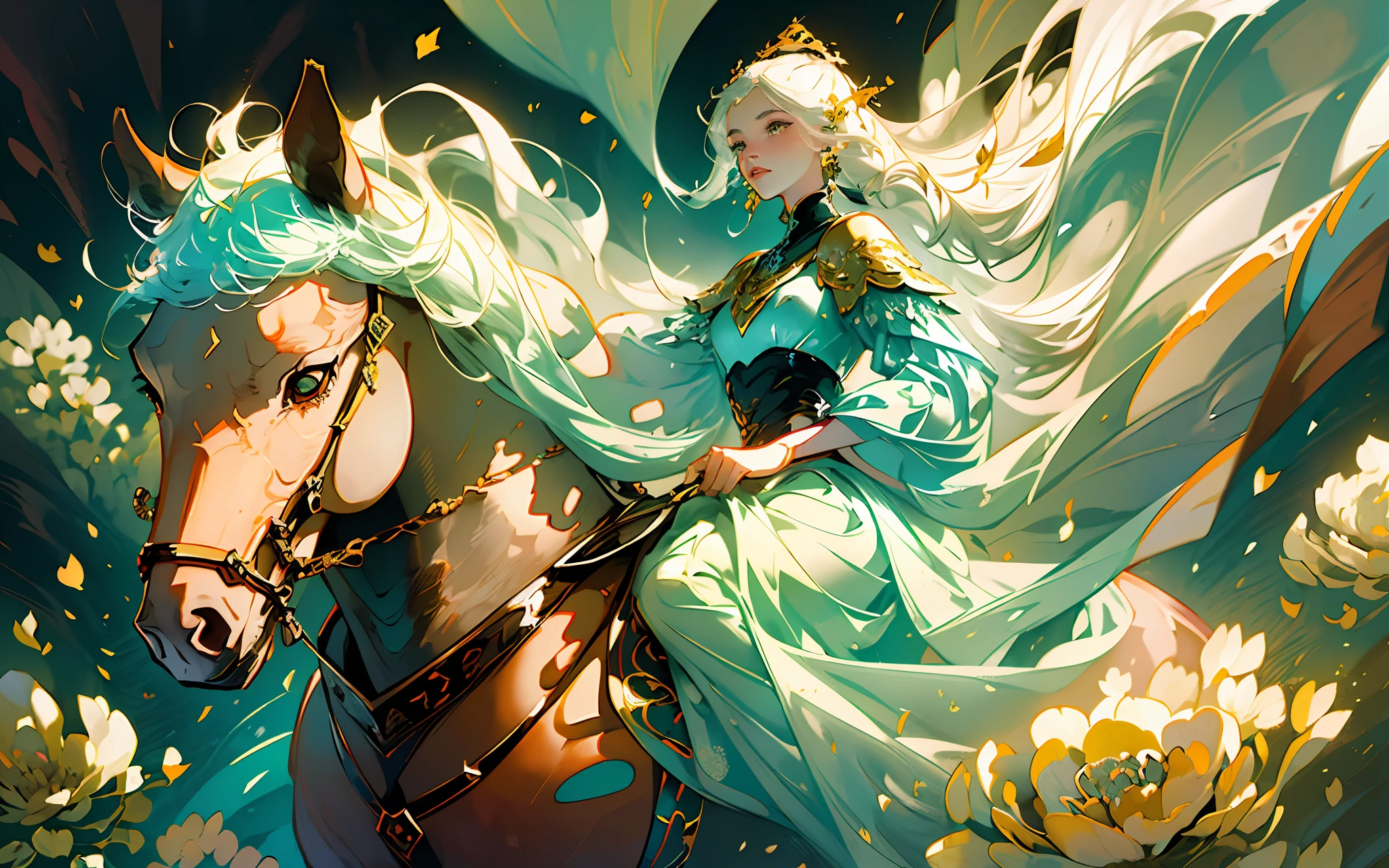 a princess in intricate flowing gilded vests, riding a beautiful horse, over a vast field of wild flowers, petals in the air, (ink painting style, clean color, ink style, blending, decisive cutting, white space:1.3), freehand, sublime shapes, highly detailed, epic composition, highest quality, antique