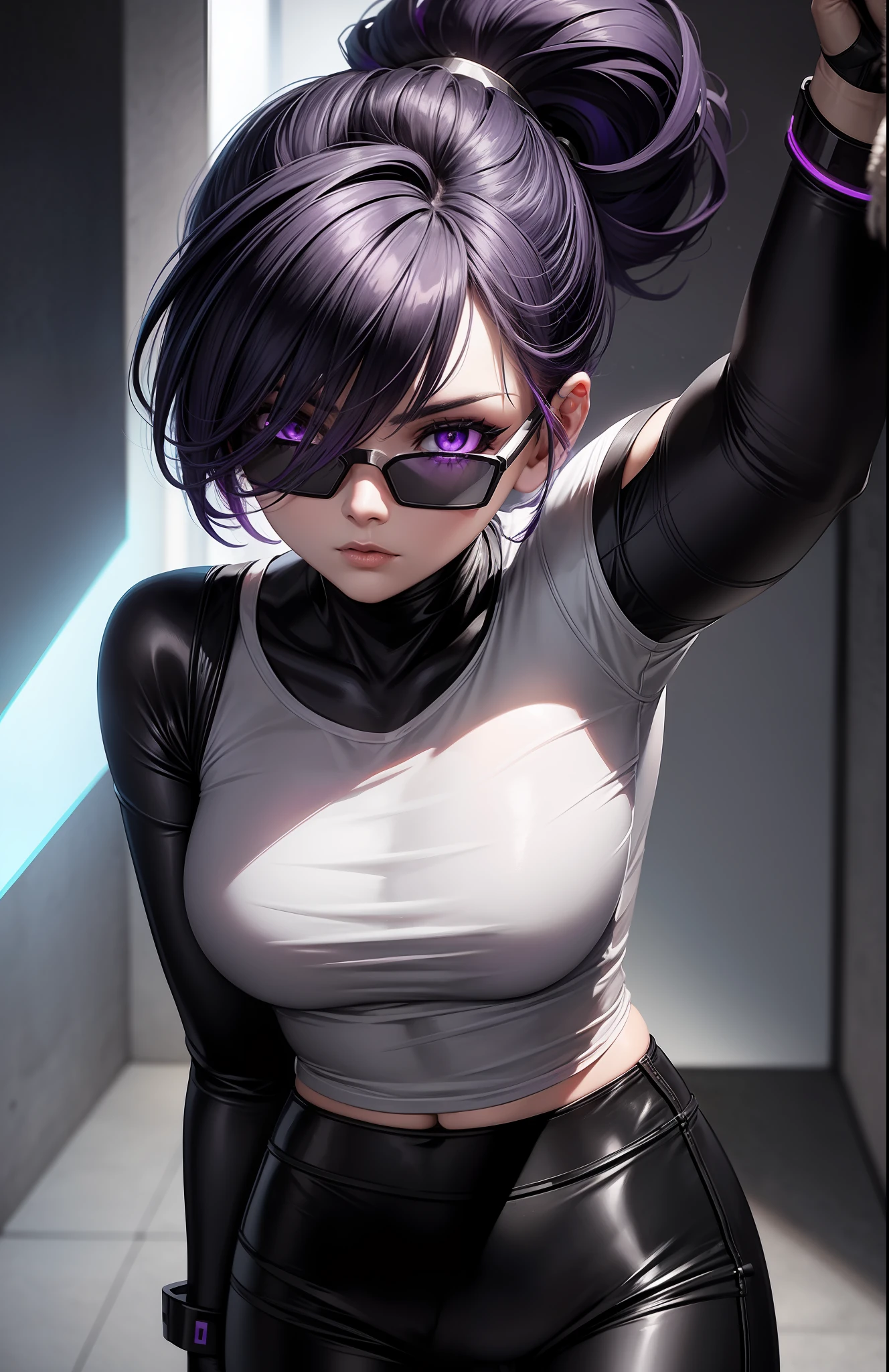 A beautiful cyclops woman, futuristic black glasses, with purple hair tied up in a ponytail, white colored T-shirt with no details, black colored pants with no details, wearing a futuristic armband on her right wrist