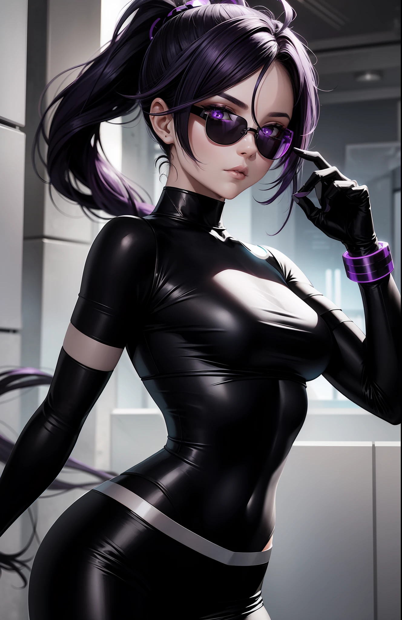 A beautiful cyclops woman, futuristic black glasses, with purple hair tied up in a ponytail, white colored T-shirt with no details, black colored pants with no details, wearing a futuristic armband on her right wrist