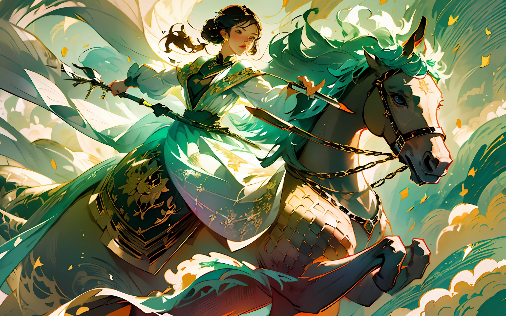 a princess in intricate flowing gilded vests, riding a beautiful horse, over a vast field of wild flowers, petals in the air, (ink painting style, clean color, ink style, blending, decisive cutting, white space:1.3), freehand, sublime shapes, highly detailed, epic composition, highest quality, antique