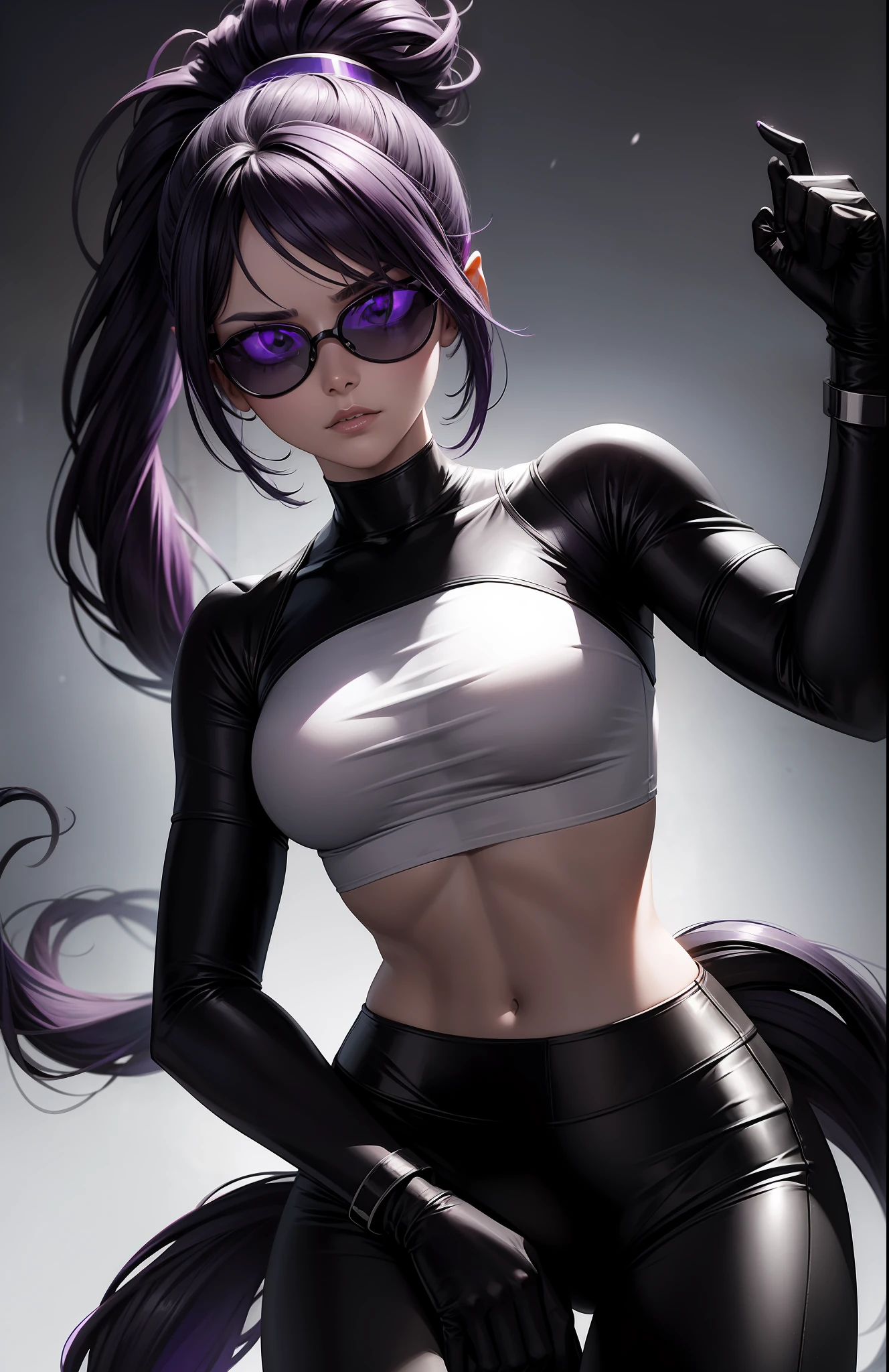 A beautiful cyclops woman, futuristic black glasses, with purple hair tied up in a ponytail, white colored T-shirt with no details, black colored pants with no details, wearing a futuristic armband on her right wrist