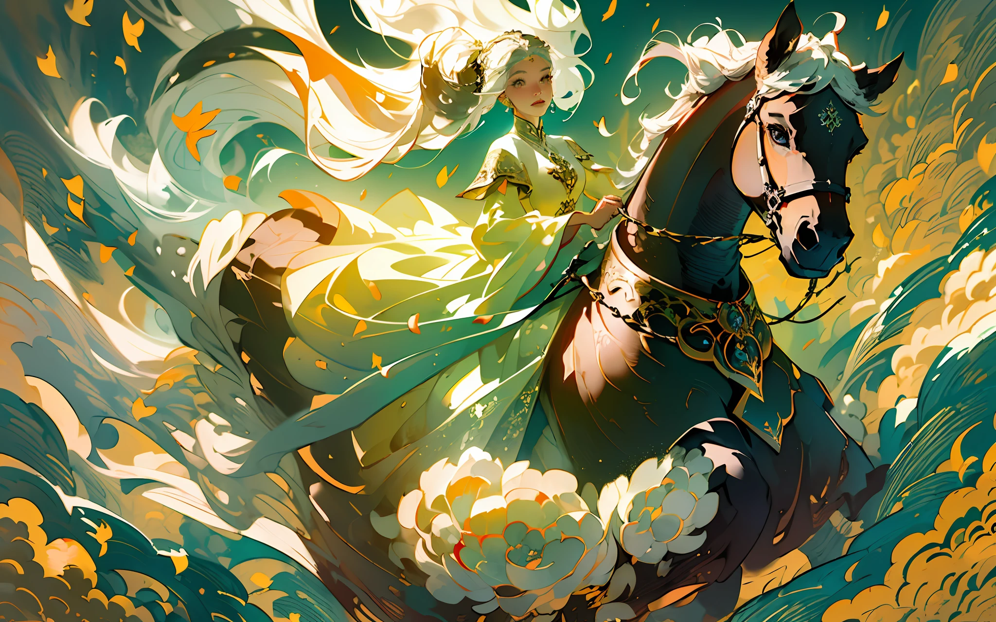 a princess in intricate flowing gilded vests, riding a beautiful horse, over a vast field of wild flowers, petals in the air, (ink painting style, clean color, ink style, blending, decisive cutting, white space:1.3), freehand, sublime shapes, highly detailed, epic composition, highest quality, antique