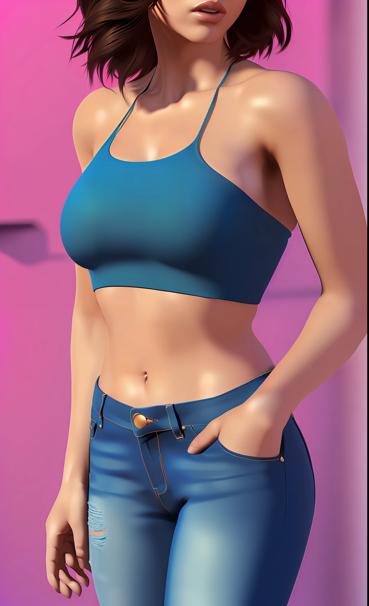 A stunningly beautiful woman, dressed in tight jeans that accentuate her feminine form and a tight blouse which accentuates her feminine form, brunette, suntanned, stunningly rapturously gorgeous, immensely attractive, extremely appealing, obviously flirty and playful, digital painting,  digital illustration,  extreme detail,  digital art,  4k, hyperrealism, trending on artstation, polished, beautiful, radiant, synesthesia, vibrant, photorealistic, 8k ultra hd, unreal engine 5