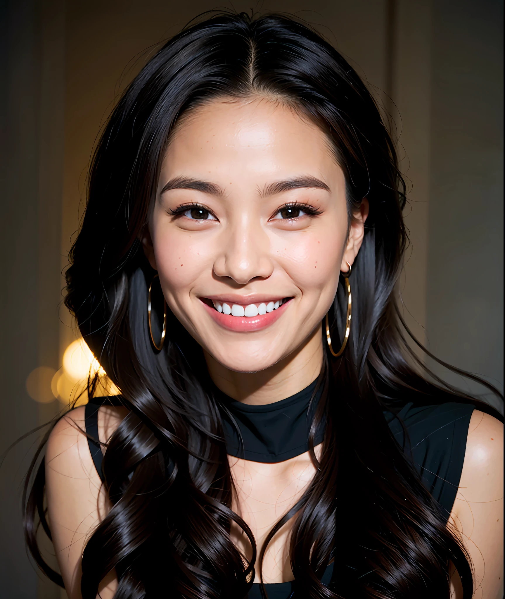 Beautiful black woman with long black hair wearing a black dress smiling for the camera, realistic