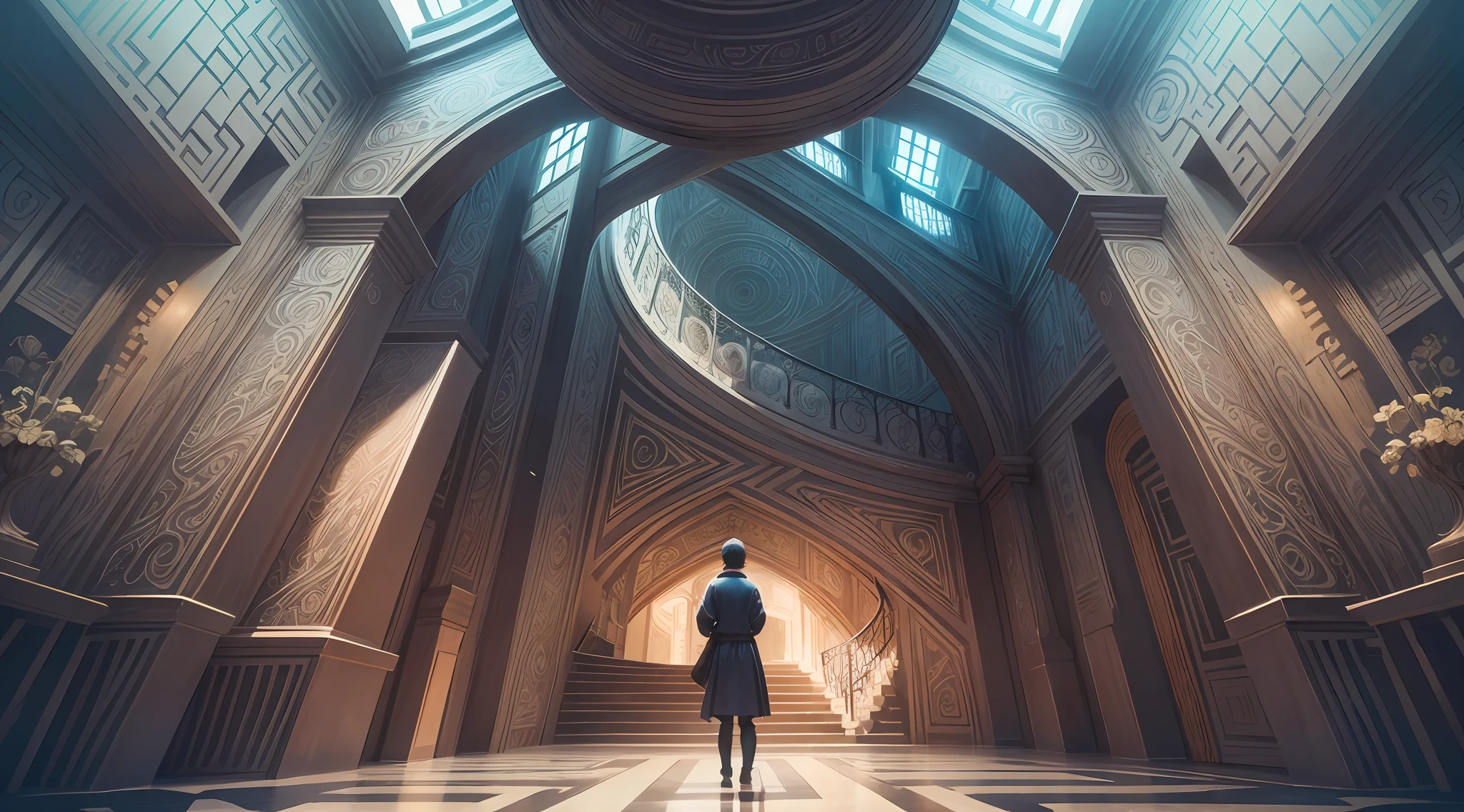 An illustration of a complex labyrinth with several branches, representing a divergent narrative. Inspired by MC Escher's art style, the maze features intricate lines and illusory perspectives. With a vibrant and contrasting color palette, the maze conveys the idea of different paths to explore. The facial expressions of the characters within the maze are one of surprise and curiosity. The lighting is bright and the atmosphere is one of discovery and challenge.--v 5 --stylize 1000 --auto --s2