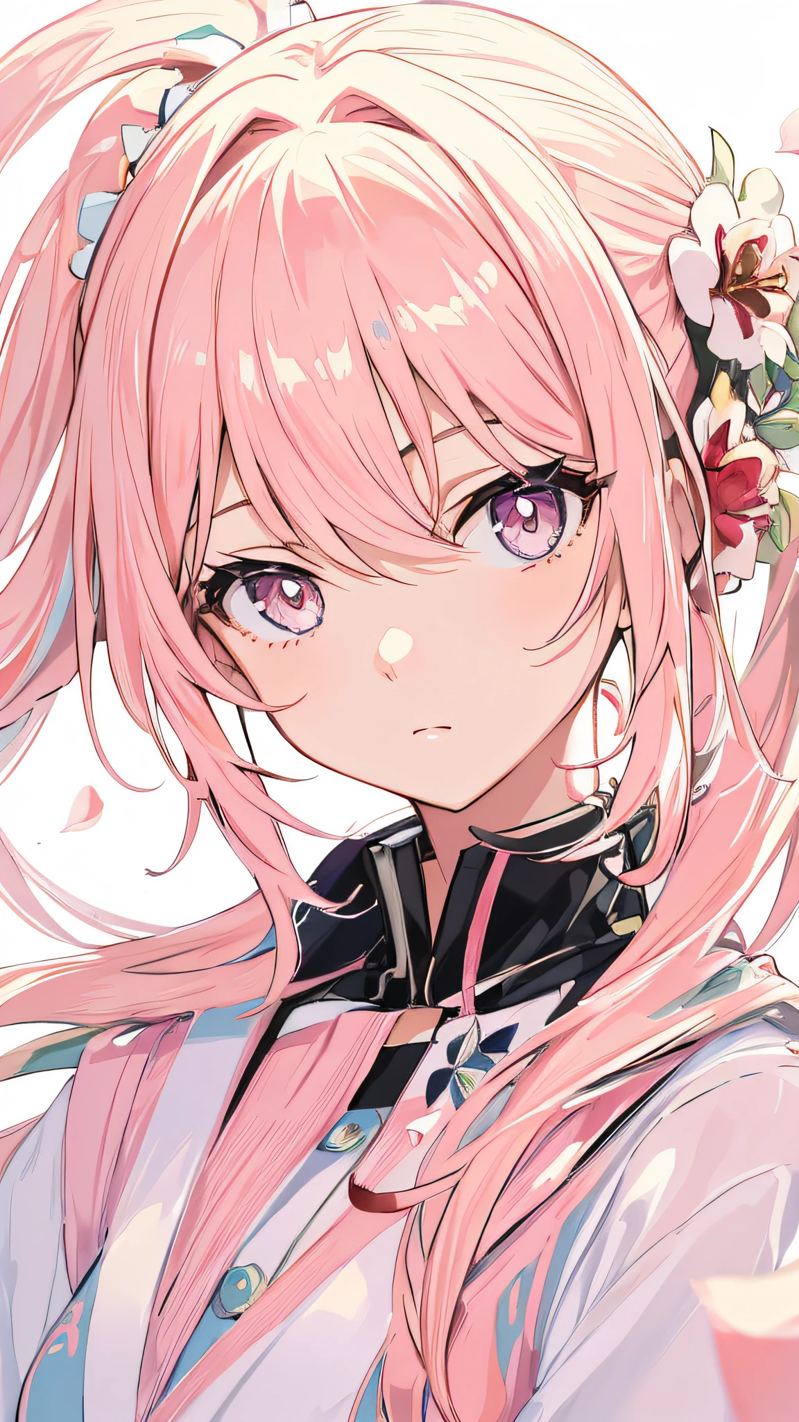 (masterpiece), (best quality), (ultra detailed),(shaggy hair),(illustration), (1girl), (fashionable clothes), standing, model, looking at the viewer, (interview), (simple background), beautiful detailed eyes, beautiful and delicate face, floating, (high saturation), (colorful splashes), colorful bubble, (bright), focus on face, ponytail, kamisato ayaka, light pink hair, bangs, hair ring, floating flowers, floating hair, (bright), better lighting, better shade, sakuras leaves