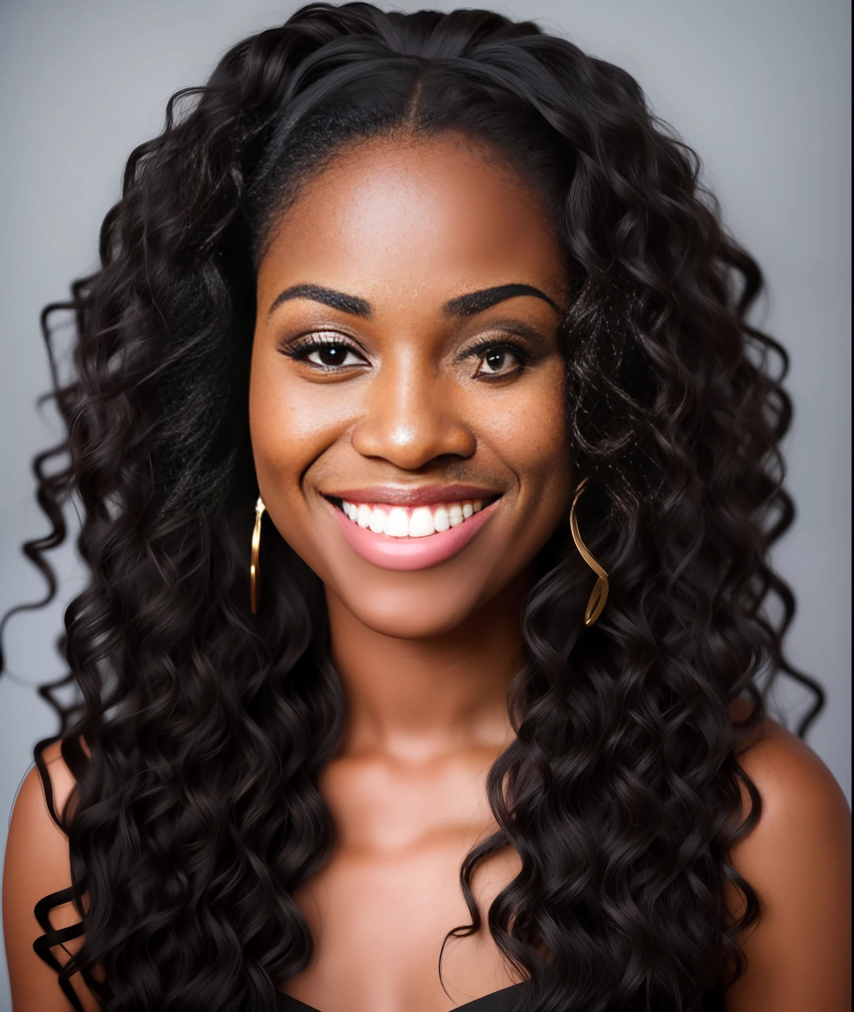 Beautiful black woman with long black hair wearing a black dress smiling for the camera, realistic, (((black woman)))