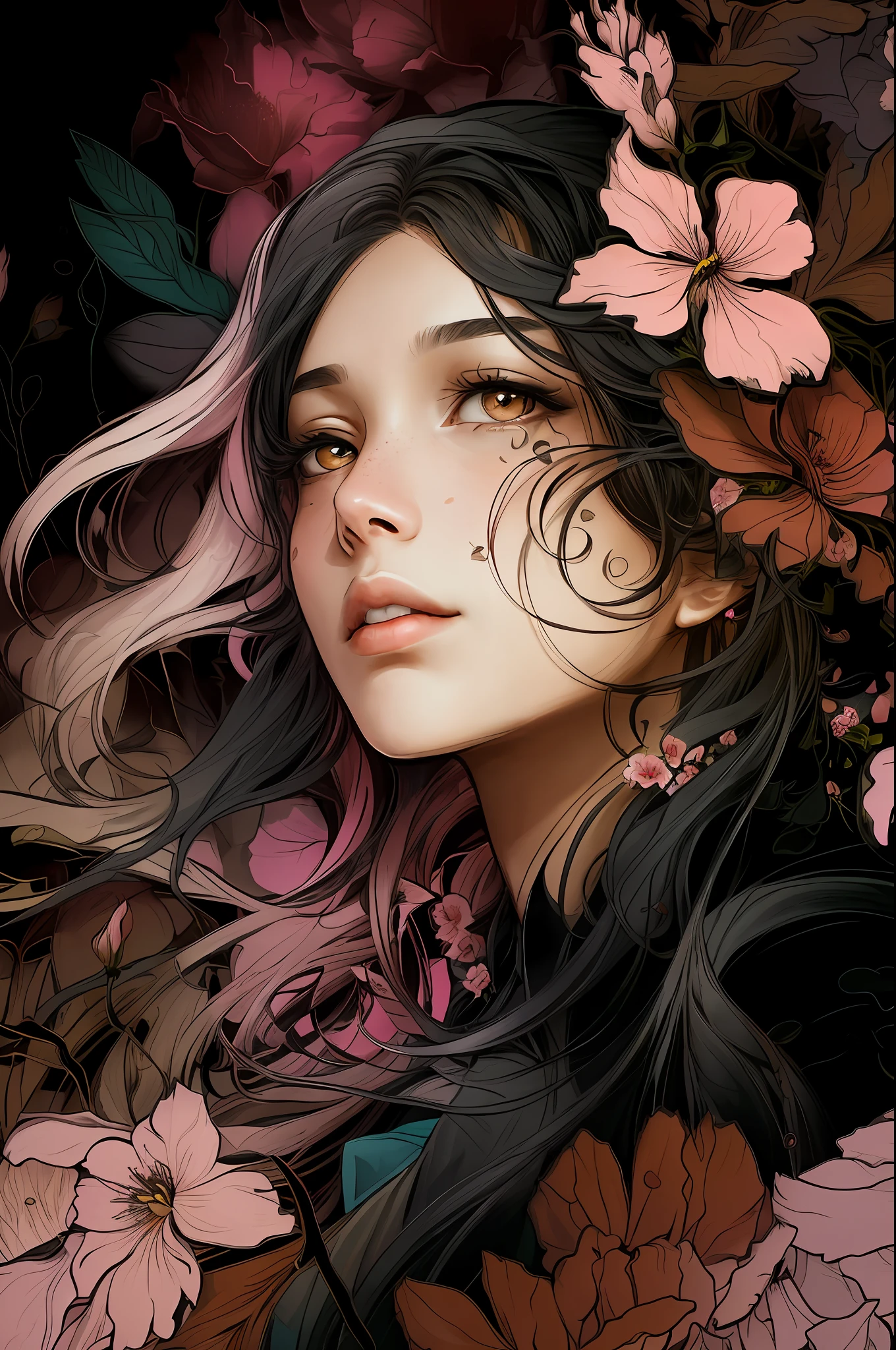 a woman black hair,brown eyes,pink flowers