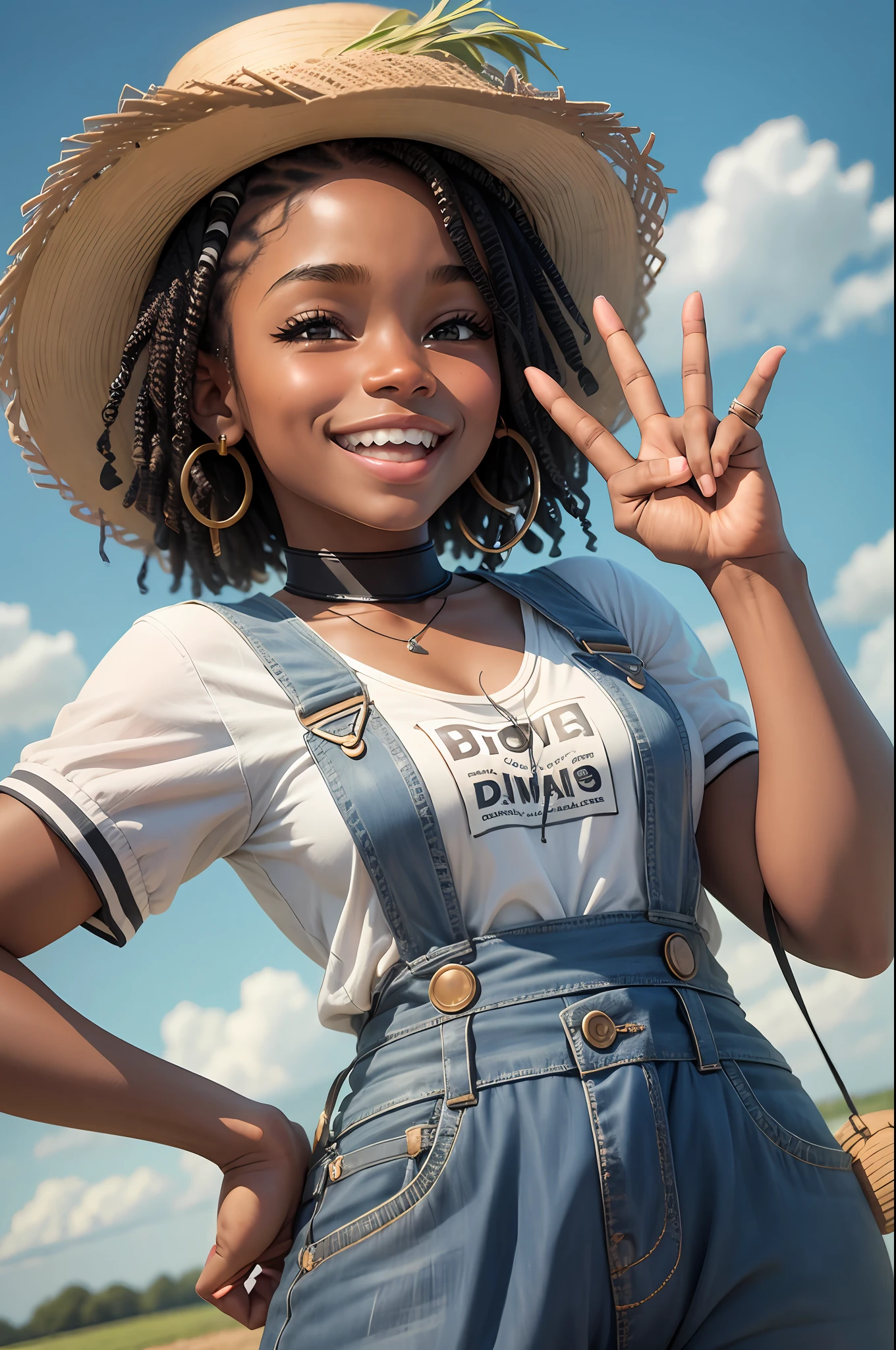 Photo of a black teen girl in a farmer outfit smiling and doing peace and love sign with fingers [✌️😁👩🏿‍🌾] --auto --s2