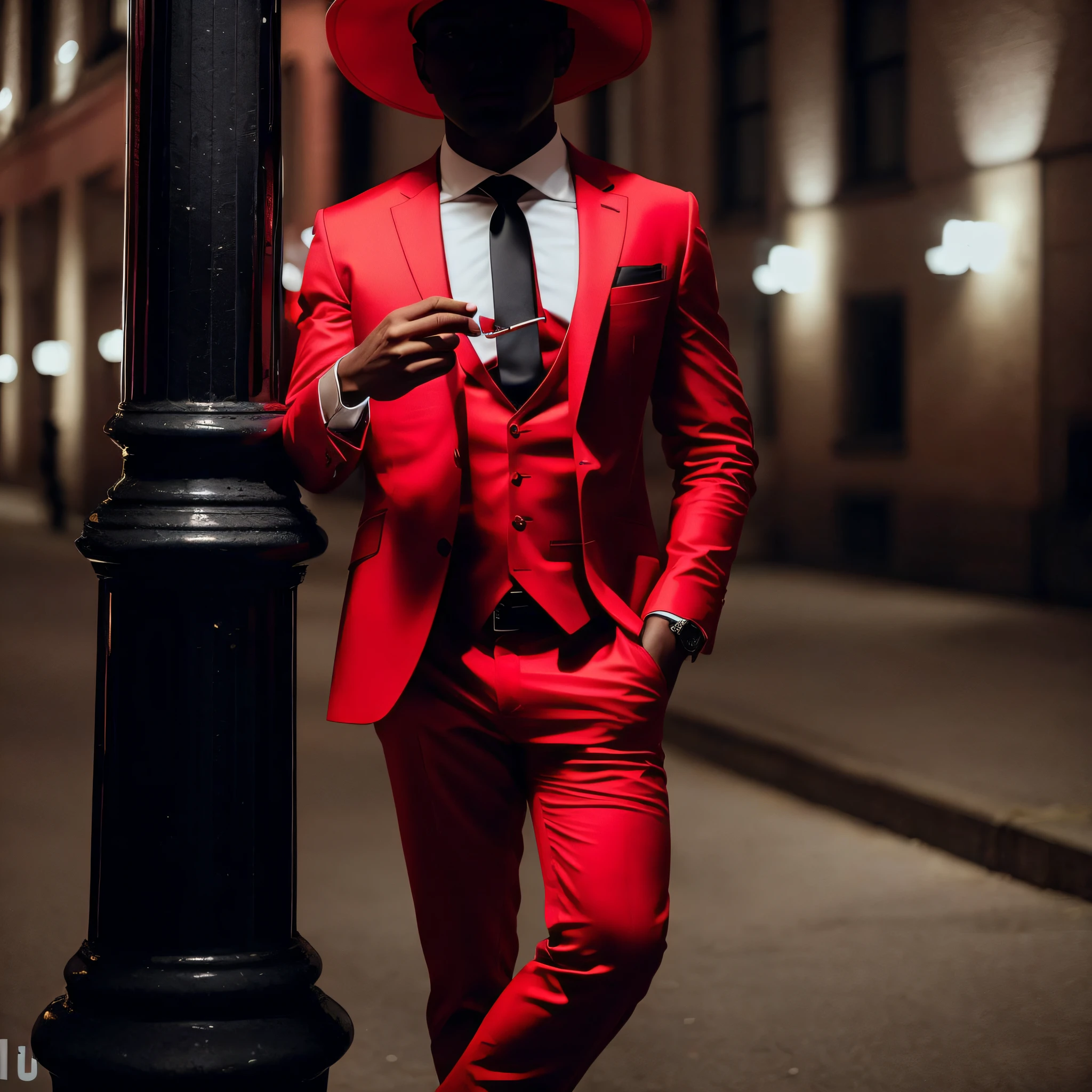 Araffe wore a red suit and a red hat next to a lamppost, red suit, wearing a black and red suit, red and black suit, all red, wearing red costume, dominating the color red, wearing red formal attire, wearing a red tie, black and red suit, vibrant red, a suitable man in a hat, wearing red, fine details. red, monochrome red
