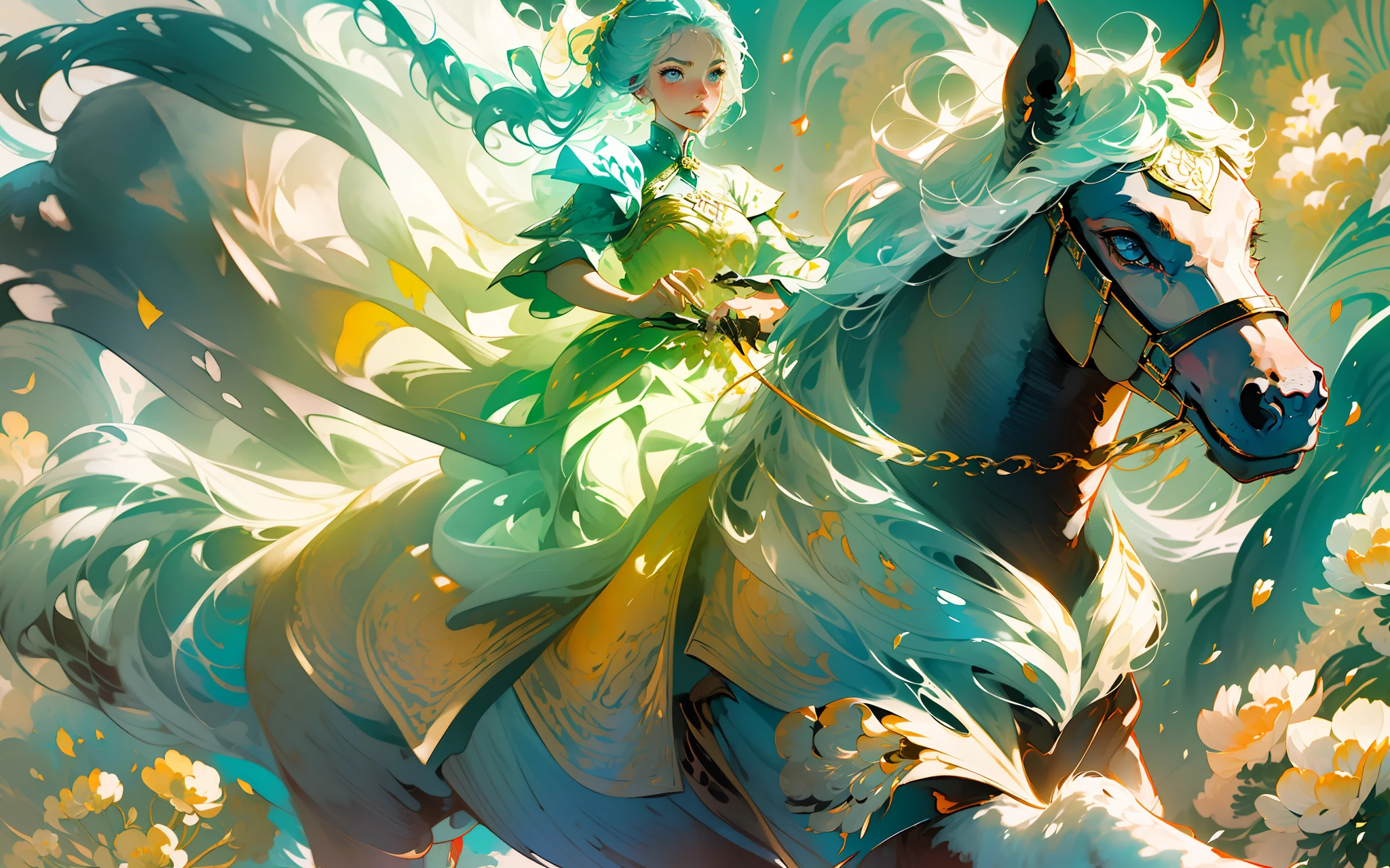 a princess in intricate flowing gilded vests, riding a beautiful horse, over a vast field of wild flowers, petals in the air, (ink painting style, clean color, ink style, blending, decisive cutting, white space:1.3), freehand, sublime shapes, highly detailed, epic composition, highest quality, antique