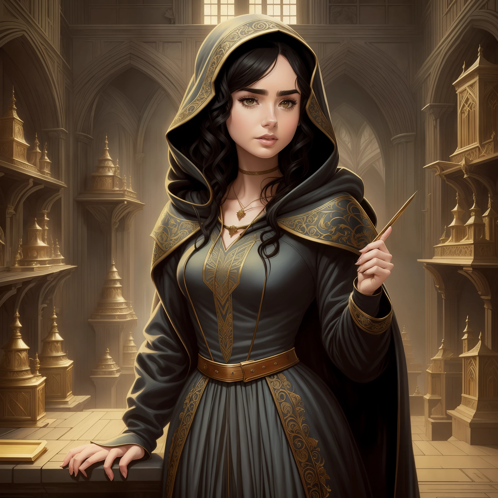Lily Collins with curly black hair in a hoodie and wearing a medieval dress illustration is detailed, soft and bright, HD art by Greg Hildebrandt, Liu Citemer, Sejic Stjepan, Samyang, Aykut Aydogdu, Justin Gerard, Alphonse Mucha, Artgerm, WLOP and Greg rutkowski