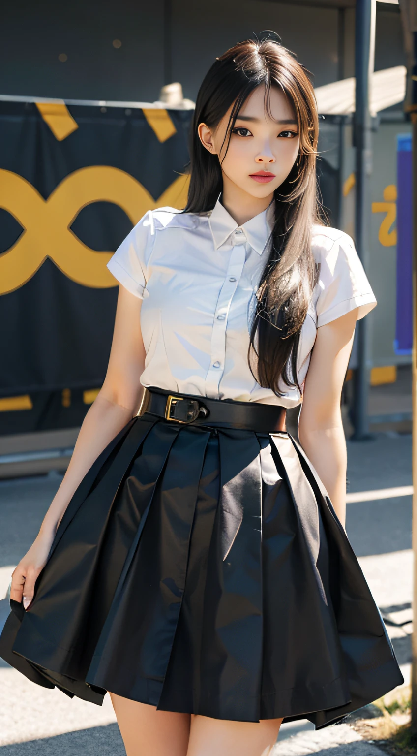 (8k, Full Body Photo, Best Quality, Masterpiece:1.2), voluptuous body, beautiful face, photogenic, 3D, japanese, black_eyes, black_hair, Schoolyard, Lips, long_hair, Uniform, High school student, long black hair, schoolyard, school uniform, real, shiny skin,beautiful delicate face, beautiful delicate eyes,mini skirt, multi-person, perspective from a distance
