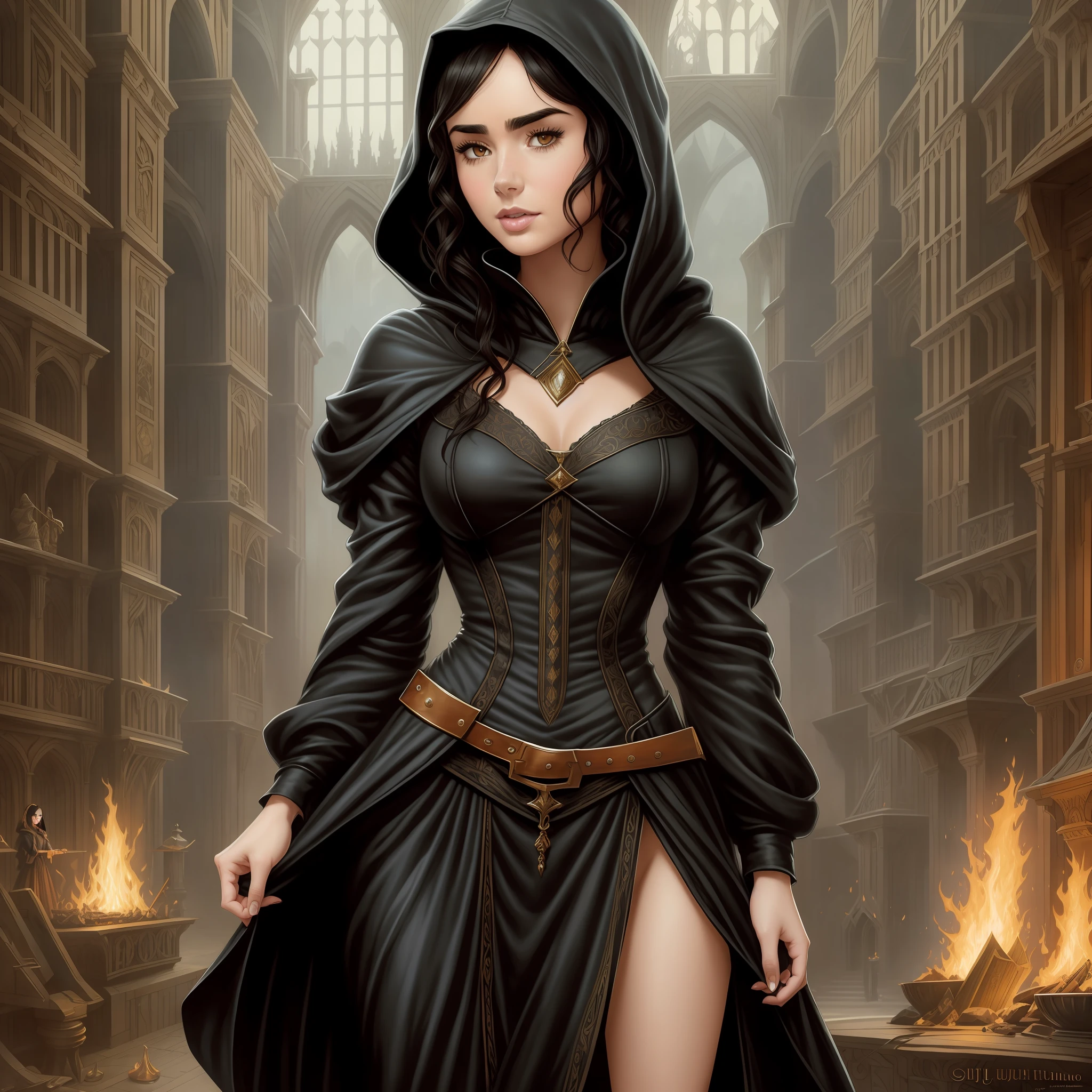 Lily Collins with curly black hair in a hoodie and wearing a medieval dress illustration is detailed, soft and bright, HD art by Greg Hildebrandt, Liu Citemer, Sejic Stjepan, Samyang, Aykut Aydogdu, Justin Gerard, Alphonse Mucha, Artgerm, WLOP and Greg rutkowski