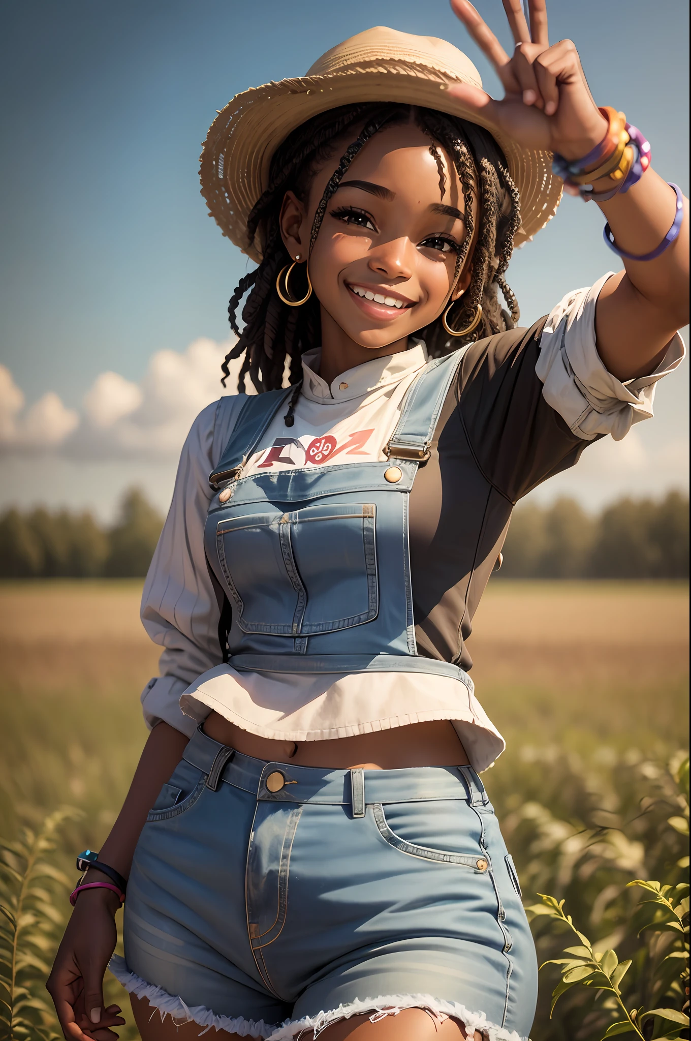 Photo of a black teen girl in a farmer outfit smiling and doing peace and love sign with fingers [✌️😁👩🏿‍🌾] --auto --s2