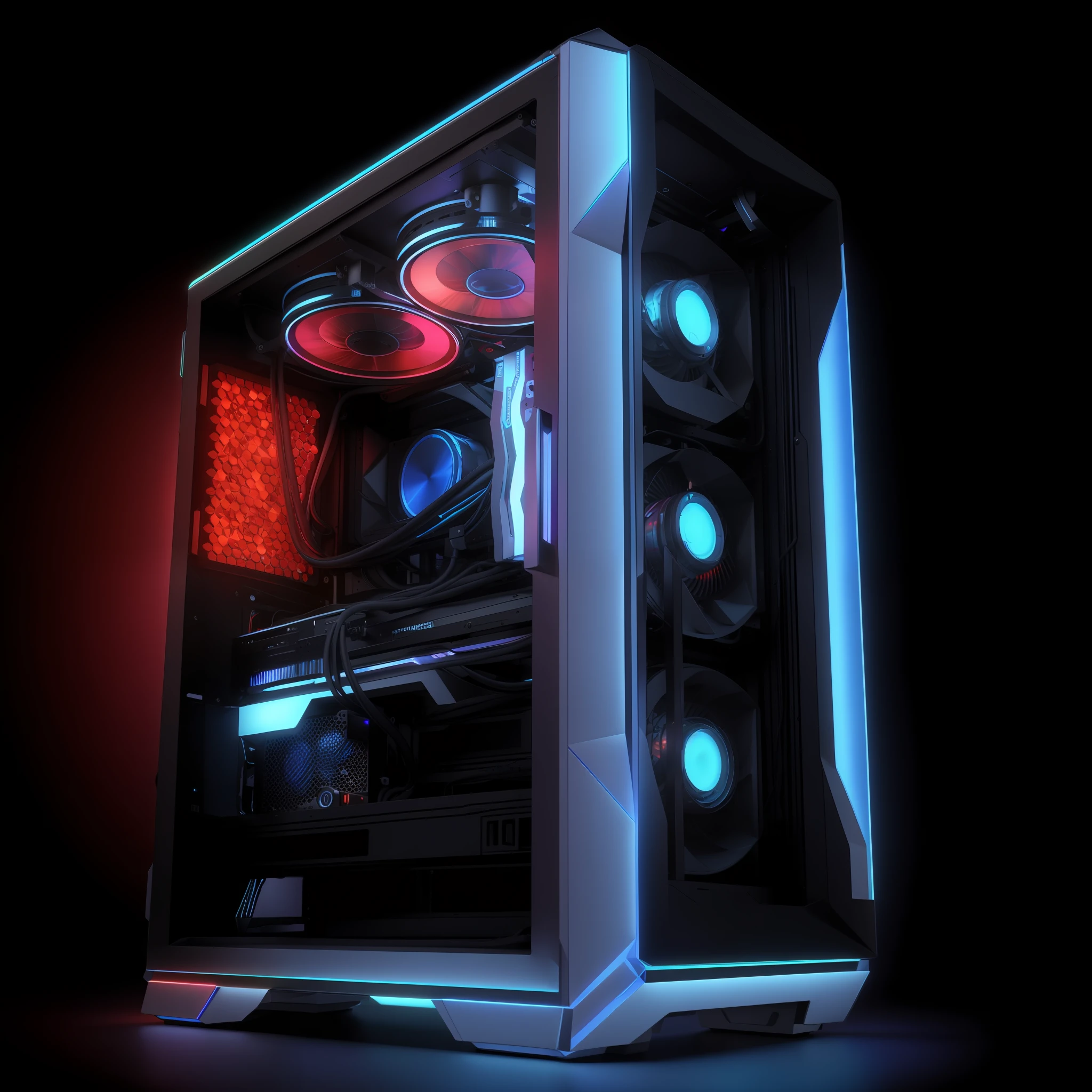 a close up of a computer case with three fans on it, gaming pc case, gaming pc, pc gaming, gaming computers, rgb, rtx, custom computer, rgb ethereal lighting, detailed wide shot, 8k computer render, led gaming, liquid cooled desktop, sgi iris graphics, liquid cooling, pc, vibrant and dynamic