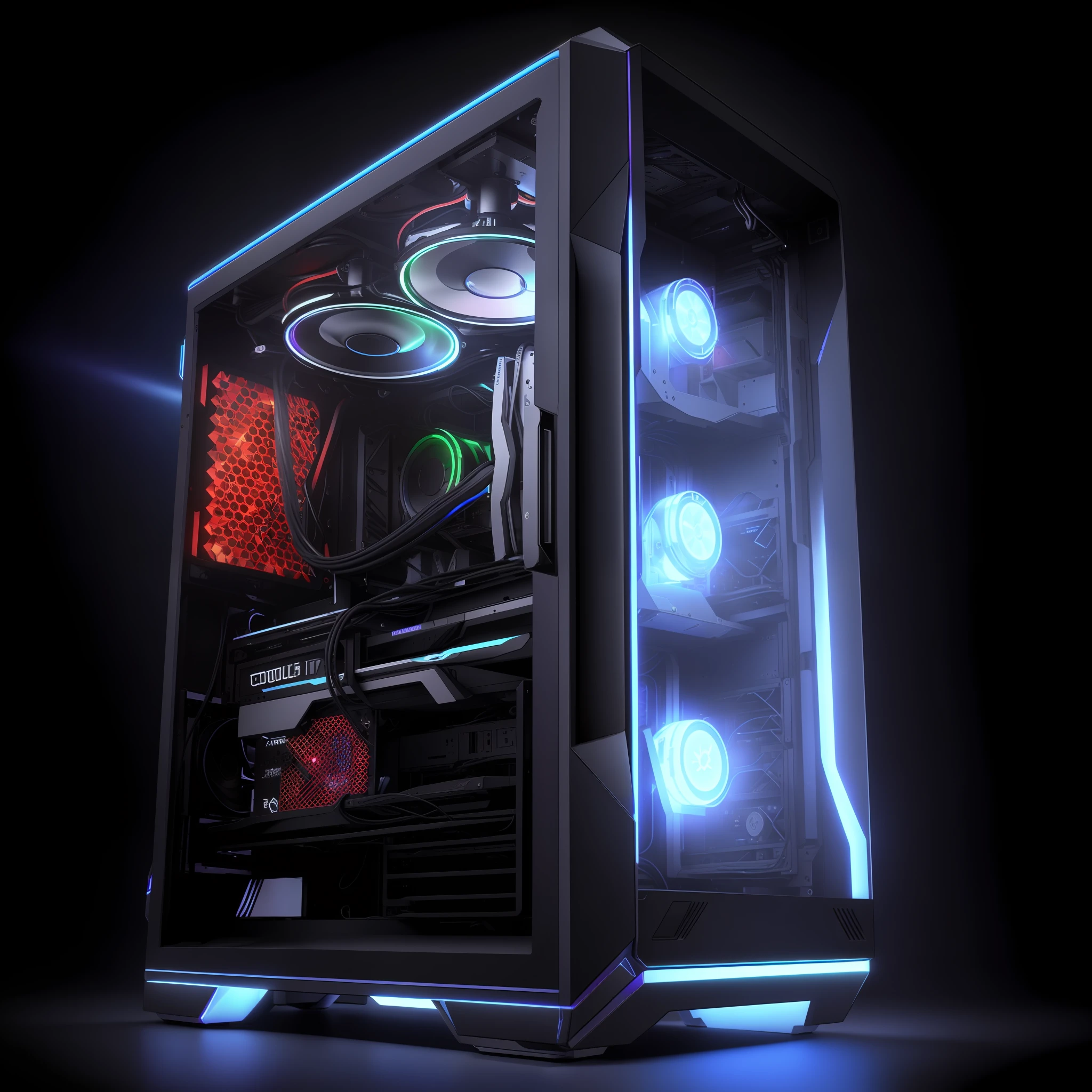 a close up of a computer case with three fans on it, gaming pc case, gaming pc, pc gaming, gaming computers, rgb, rtx, custom computer, rgb ethereal lighting, detailed wide shot, 8k computer render, led gaming, liquid cooled desktop, sgi iris graphics, liquid cooling, pc, vibrant and dynamic