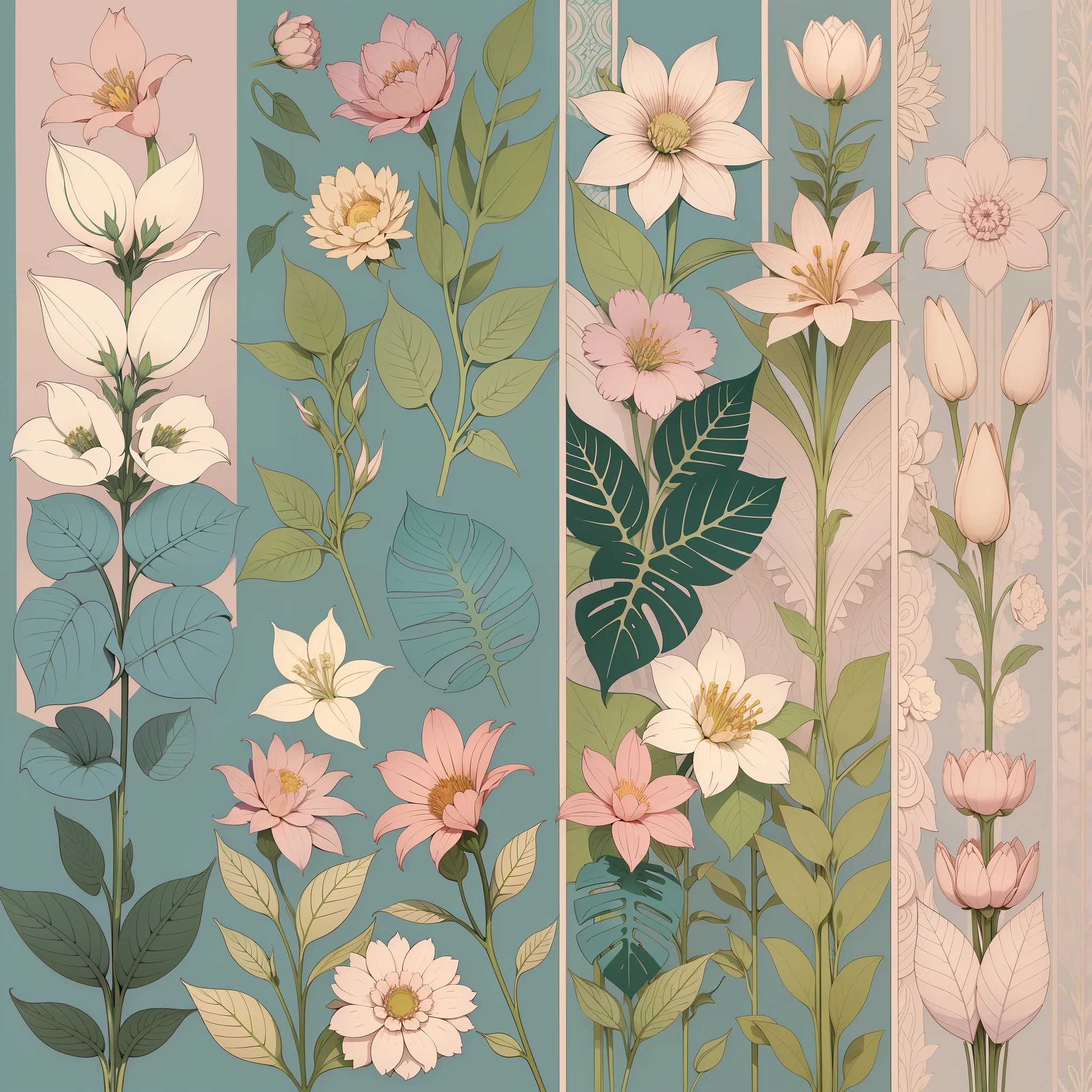Set pattern of large flowers with plants and vines, defined shape, flat style, vector style, drawing style, naïve style, wallpaper style, in soft pastel colors such as old pink, pastel blue, light blue, beige, pastel violet, pastel yellow and white. No shadows in the images.