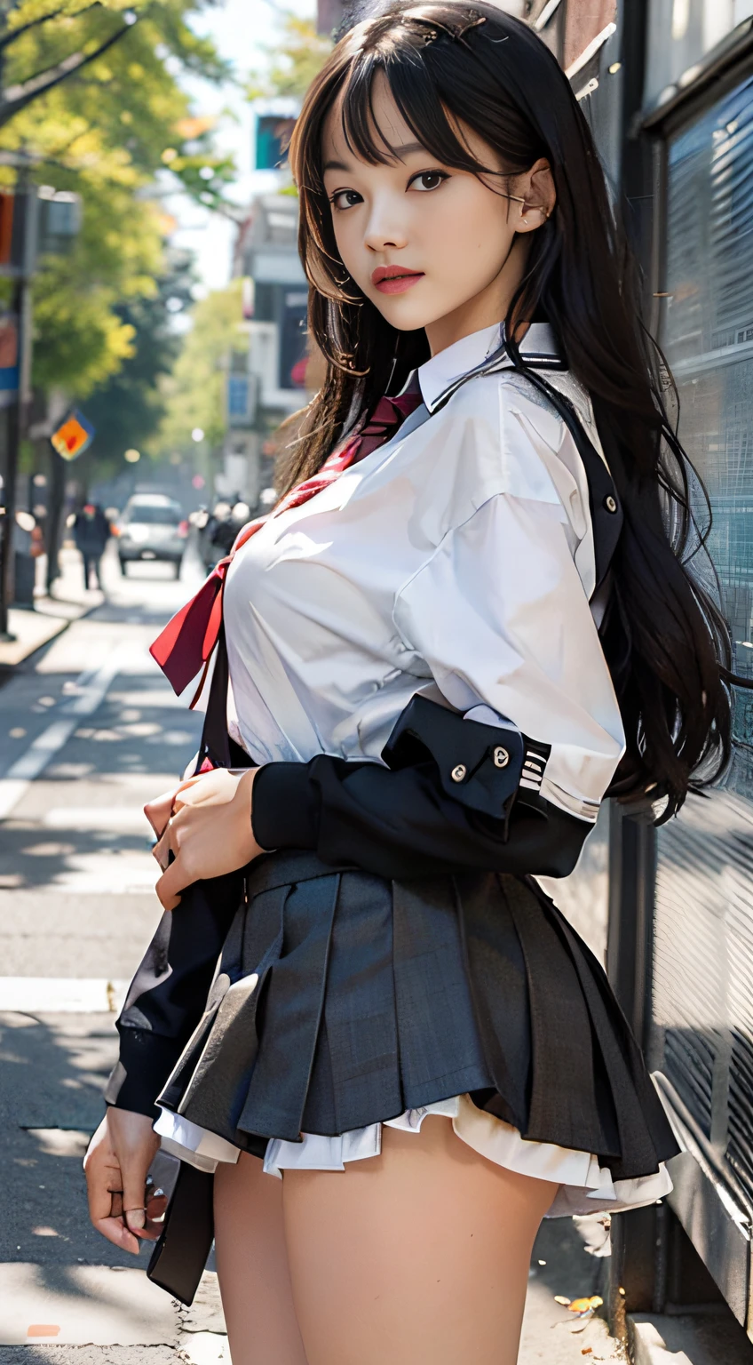 (photogenic, multiple people, uniform, high school student, masterpiece:1.2), voluptuous body, beautiful face, 3D, japanese, black_eyes, black_hair, schoolyard, lips, long_hair, uniform, high school student, long black hair, schoolyard, school uniform, real, shiny skin,beautiful delicate face, beautiful delicate eyes,mini skirt, multi-person, perspective from a distance