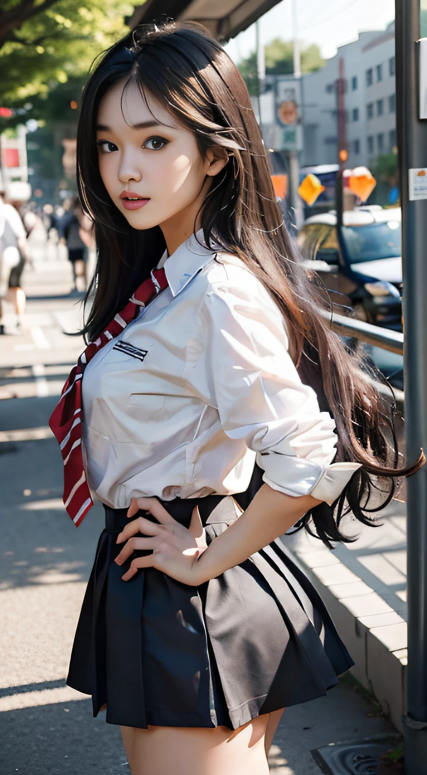 (photogenic, multiple people, uniform, high school student, masterpiece:1.2), voluptuous body, beautiful face, 3D, japanese, black_eyes, black_hair, schoolyard, lips, long_hair, uniform, high school student, long black hair, schoolyard, school uniform, real, shiny skin,beautiful delicate face, beautiful delicate eyes,mini skirt, multi-person, perspective from a distance
