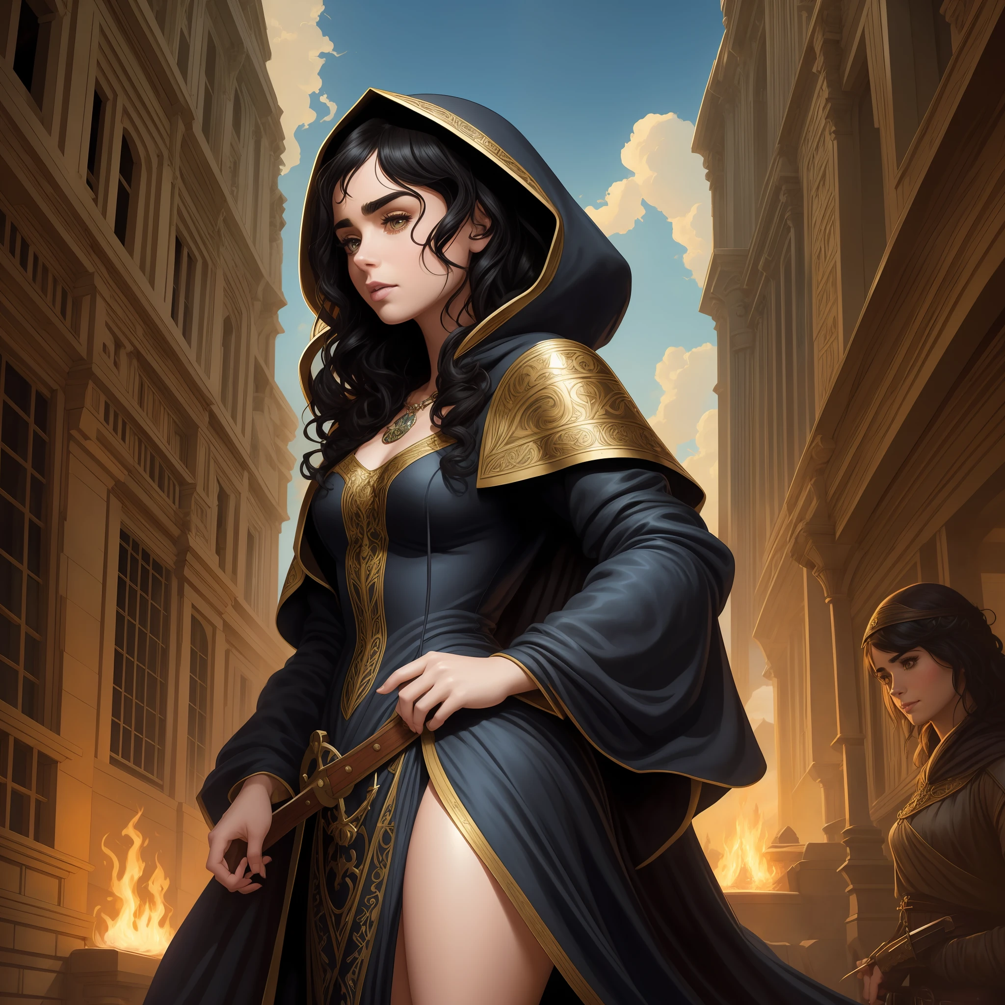 Lily Collins with curly black hair in a hoodie and wearing a medieval dress illustration is detailed, soft and bright, HD art by Greg Hildebrandt, Liu Citemer, Sejic Stjepan, Samyang, Aykut Aydogdu, Justin Gerard, Alphonse Mucha, Artgerm, WLOP and Greg rutkowski