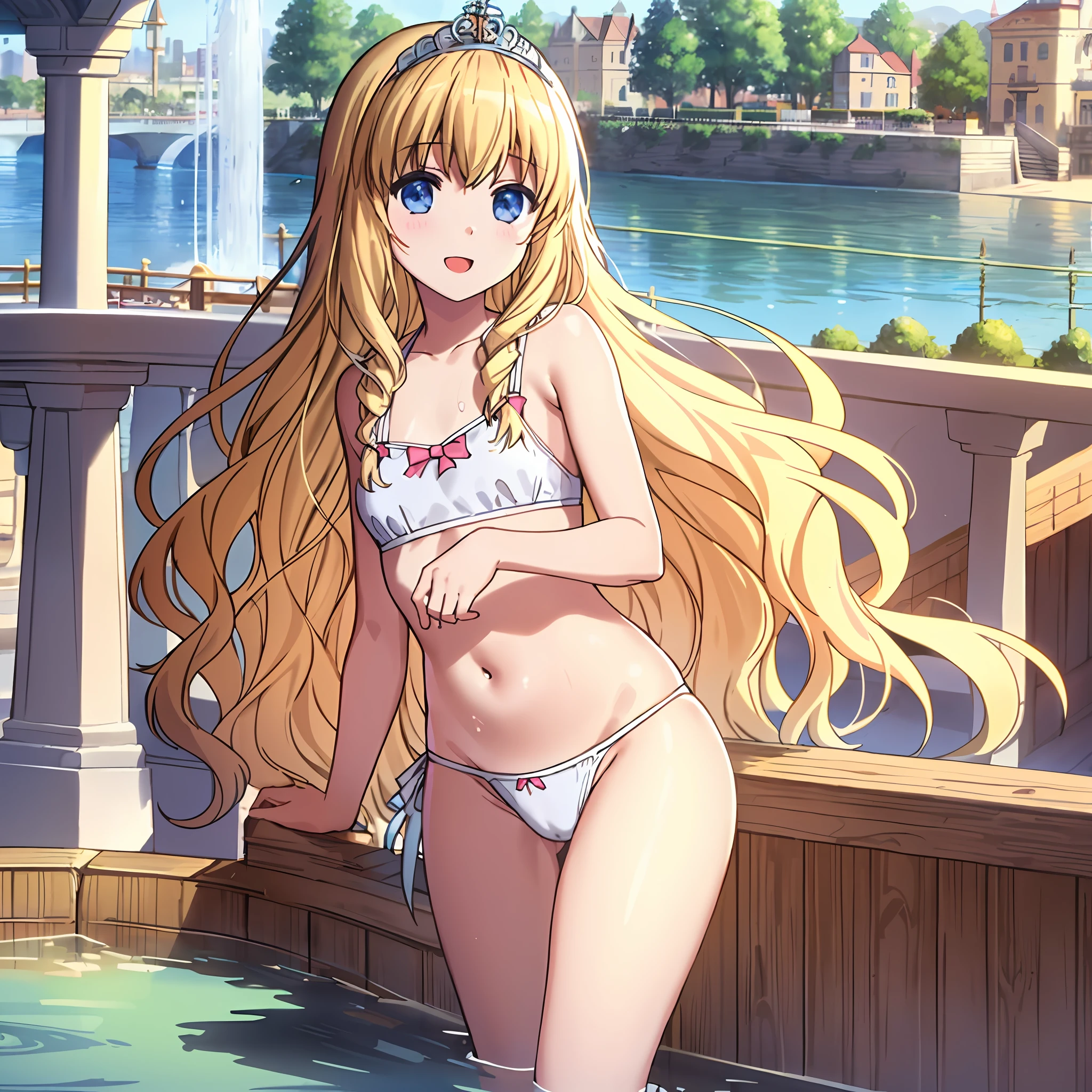 best quality, (masterpiece:1.2), highly detailed, day, outdoors, (beautiful and clear background:1.2), 1girl, solo, latifa fleuranza, open mouth, happy, smile, looking at the viewer, blonde hair, long hair, very long hair, blue eyes, (finely detailed beautiful eyes: 1.2), (tiara), ((theme park)), (boat ride, bathing, wet, pond, water, water fall, water splash, plants, tree, lantren), wet body, flat chest, little,child, (white bikini, white lace bikini), cameltoe,