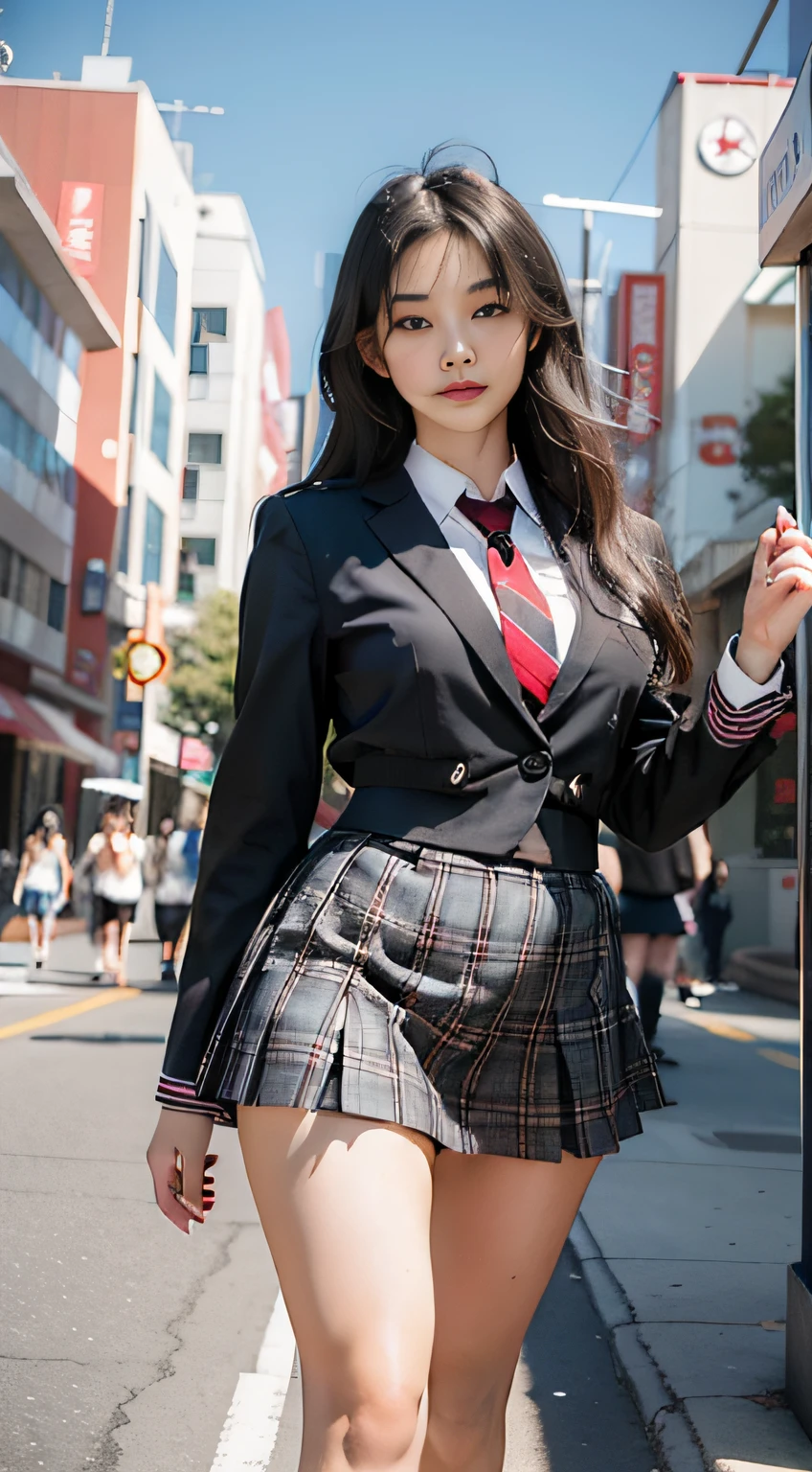(photogenic, group photo, uniform, high school students, masterpiece:1.2), voluptuous body, beautiful face, 3D, japanese, black_eyes, black_hair, schoolyard, lips, long_hair, uniform, high school student, long black hair, schoolyard, school uniform, real, shiny skin,beautiful delicate face, beautiful delicate eyes,mini skirt, multi-person, perspective from a distance