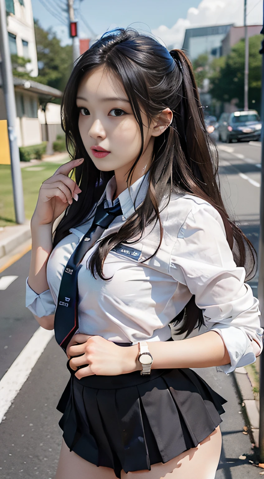 (photogenic, group photo, uniform, high school students, masterpiece:1.2), voluptuous body, beautiful face, 3D, japanese, black_eyes, black_hair, schoolyard, lips, long_hair, uniform, high school student, long black hair, schoolyard, school uniform, real, shiny skin,beautiful delicate face, beautiful delicate eyes,mini skirt, multi-person, perspective from a distance