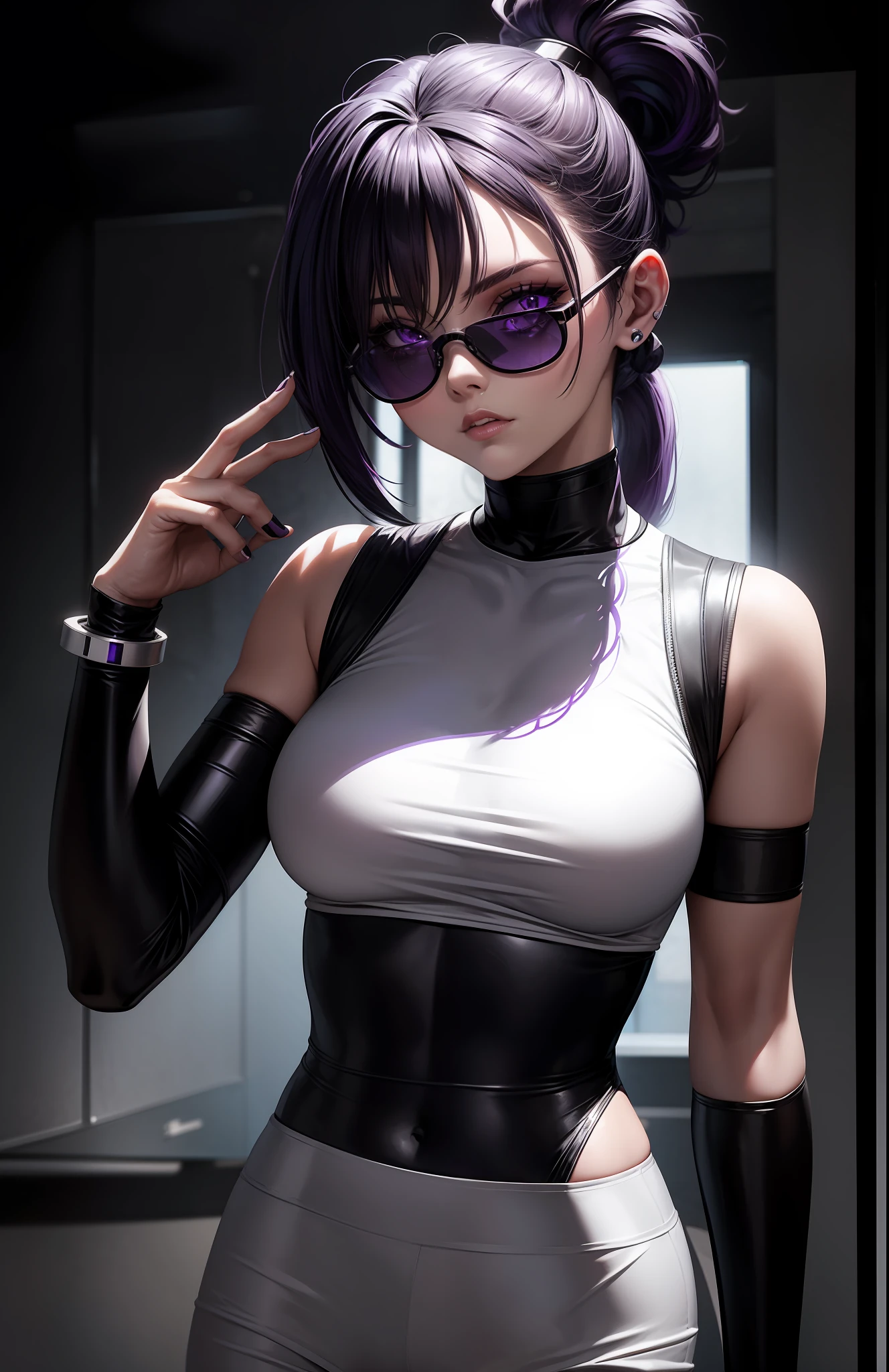 A beautiful cyclops woman, futuristic black glasses, with purple hair tied up in a ponytail, white colored T-shirt with no details, black colored pants with no details, wearing a futuristic armband on her right wrist