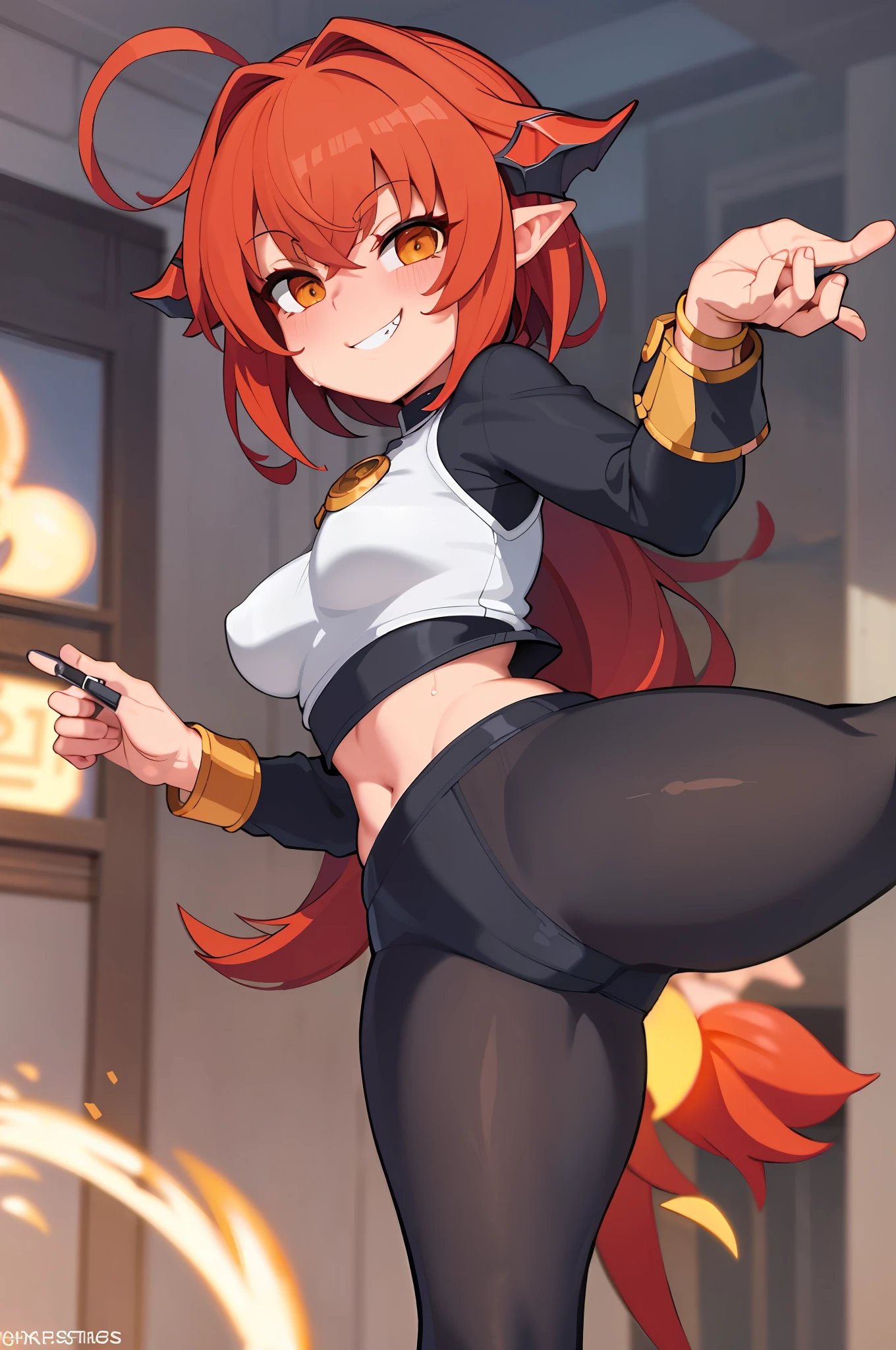 Cute, (masterpiece: 1.2), (best quality: 1.2), perfect eyes, perfect face, perfect lighting, (1girl), (solo), (female focus), thick thigs, big ass, standing,dragon scales on body, smile, sharp teeth, tall giro, short hair, (red hair), orange iris, blush, face, big boobs, crop top, leggings, sweaty, leg spread