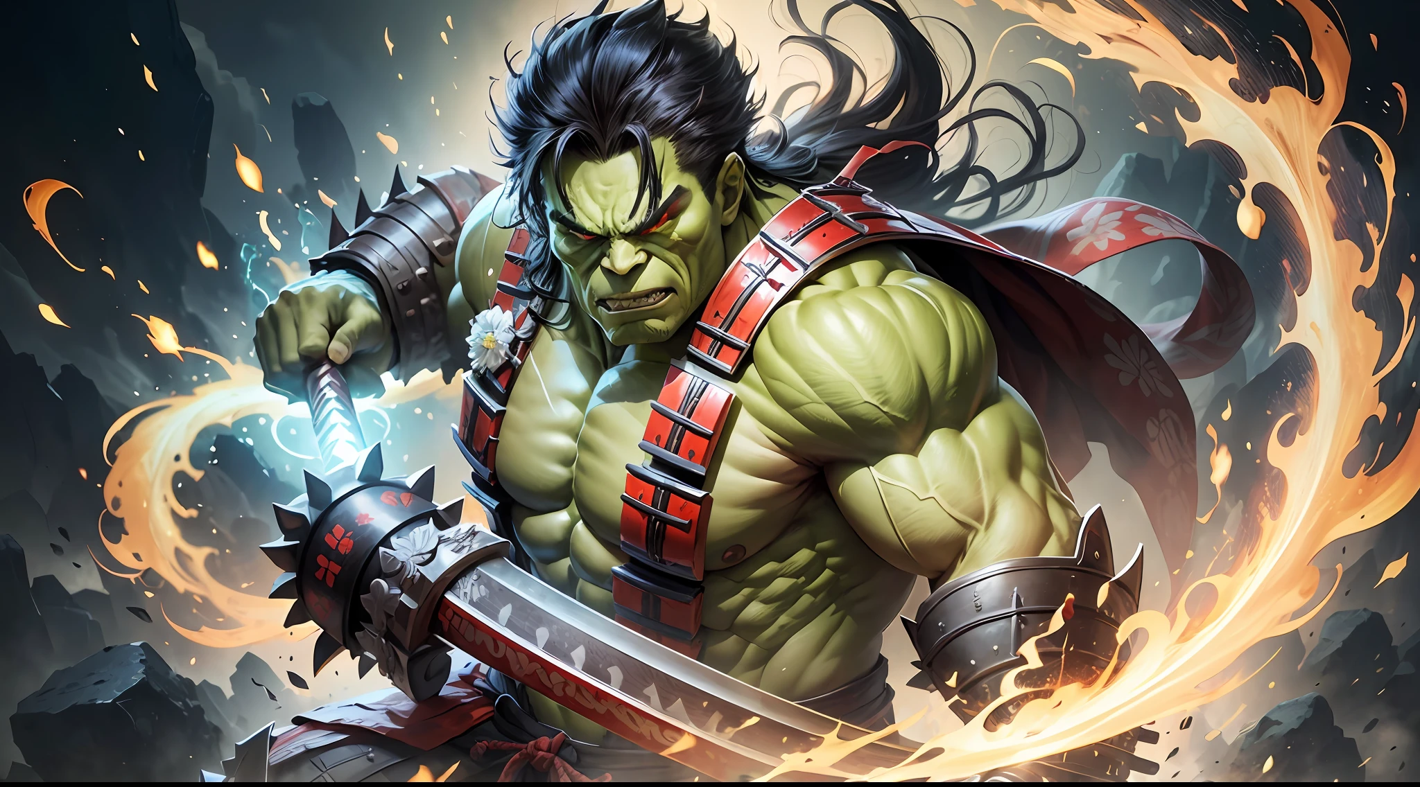 "Imagine a stunning fusion between the Hulk and a samurai, creating a unique and powerful character."
Command for the image: "Create an epic illustration of the Hulk in samurai armor, combining elements of the character with the aesthetics and tradition of Japanese warriors. Highlight your bright green skin contrasting with the detailed armor, adorned with samurai symbols. Be sure to represent his imposing strength and size, with the Hulk holding a durable katana, ready for battle. Capture the essence of the samurai Hulk, portraying his ferocity and thrilling in this incredible image." --auto --s2