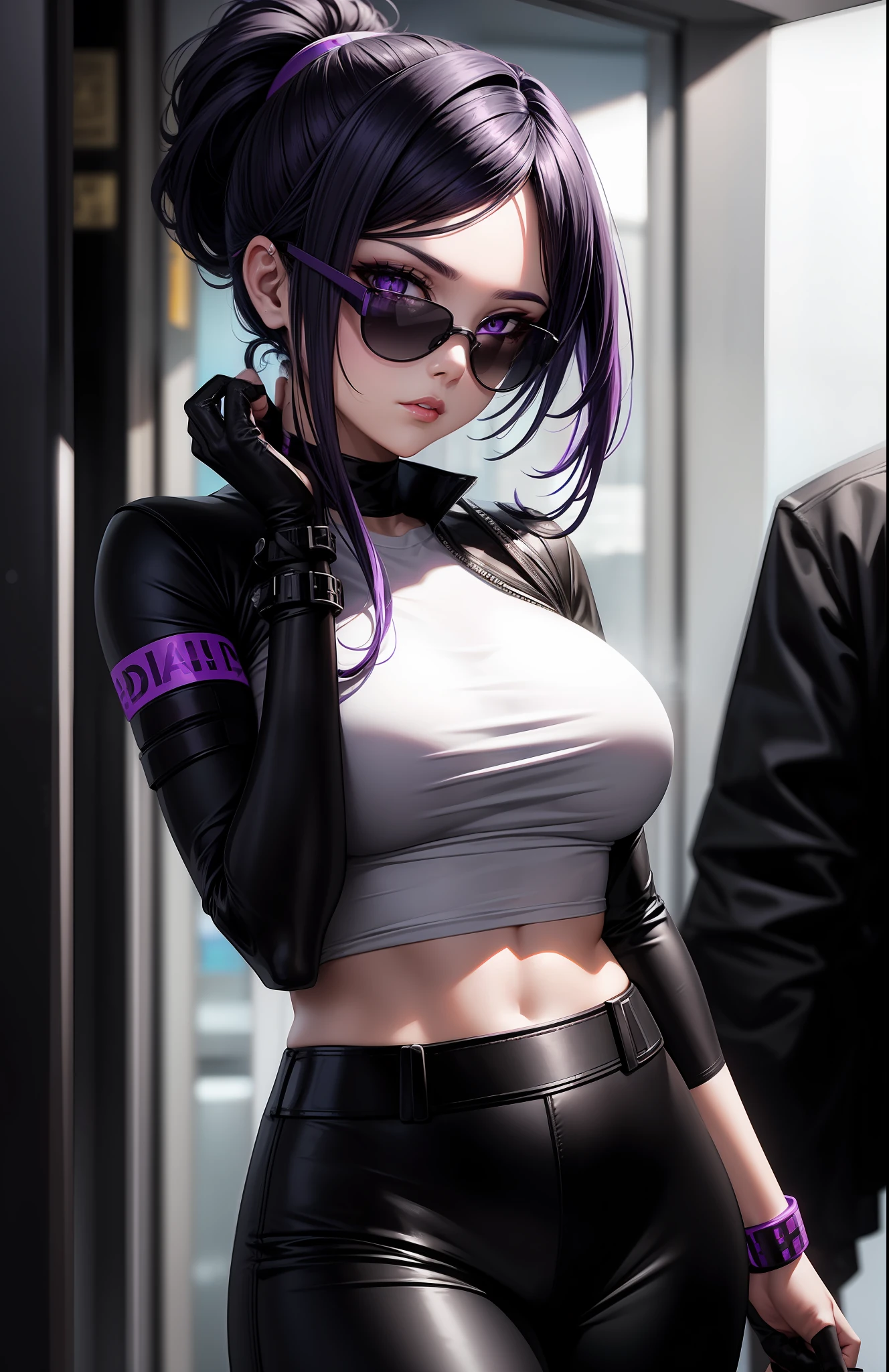 A beautiful cyclops woman, futuristic black glasses, with purple hair tied up in a ponytail, white colored T-shirt with no details, black colored pants with no details, wearing a futuristic armband on her right wrist