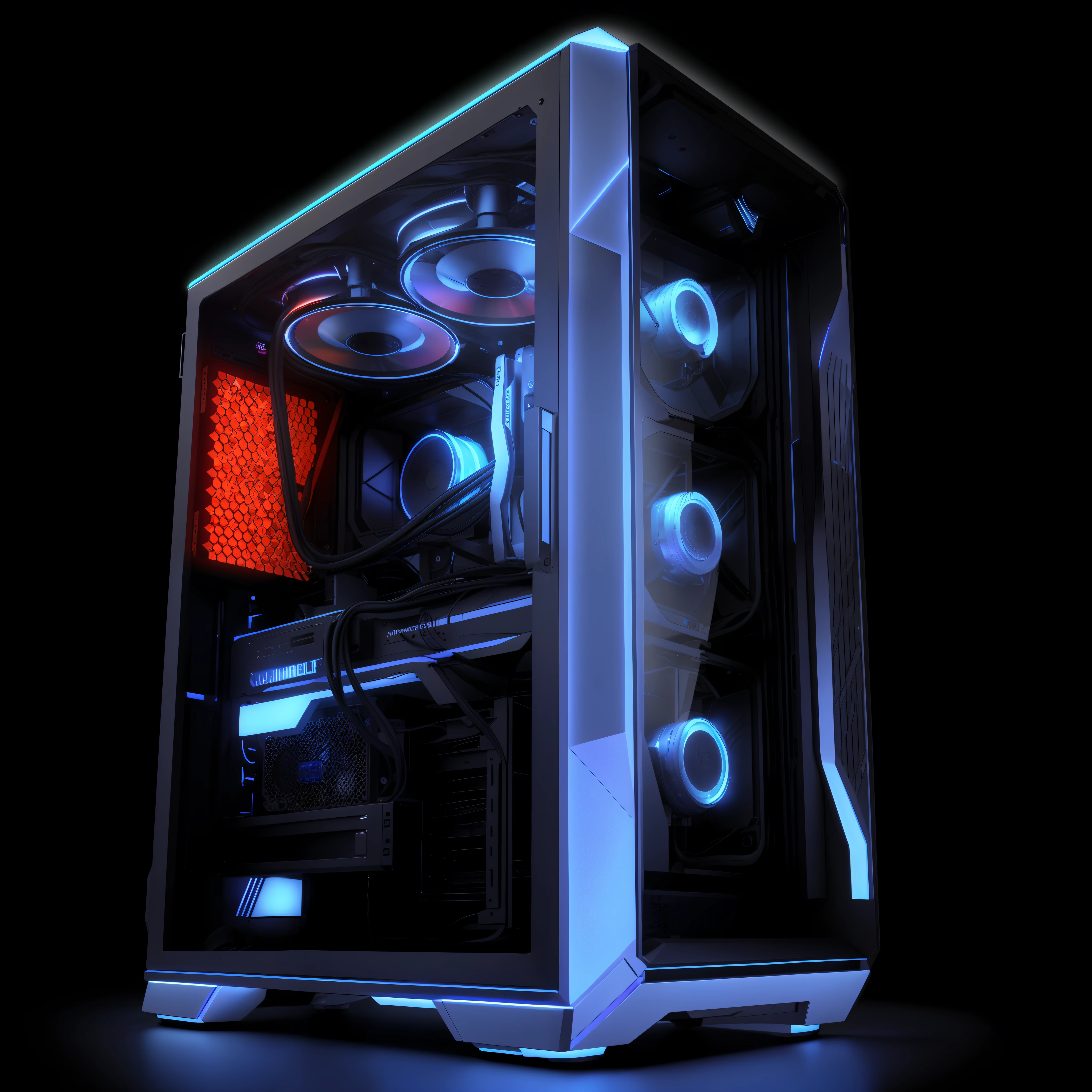 a close up of a computer case with three fans on it, gaming pc case, gaming pc, pc gaming, gaming computers, rgb, rtx, custom computer, rgb ethereal lighting, detailed wide shot, 8k computer render, led gaming, liquid cooled desktop, sgi iris graphics, liquid cooling, pc, vibrant and dynamic