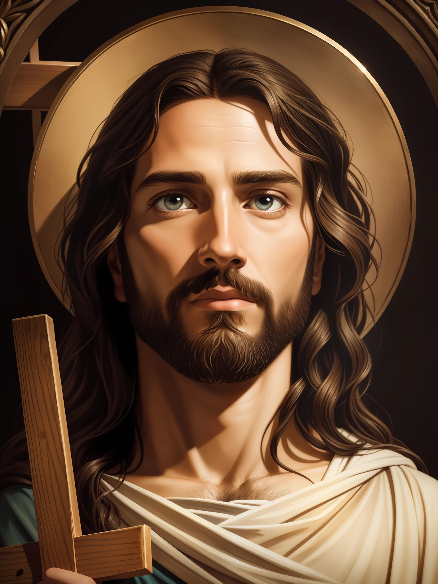 Highly detailed portrait of Jesus looking up to heaven holding a cross