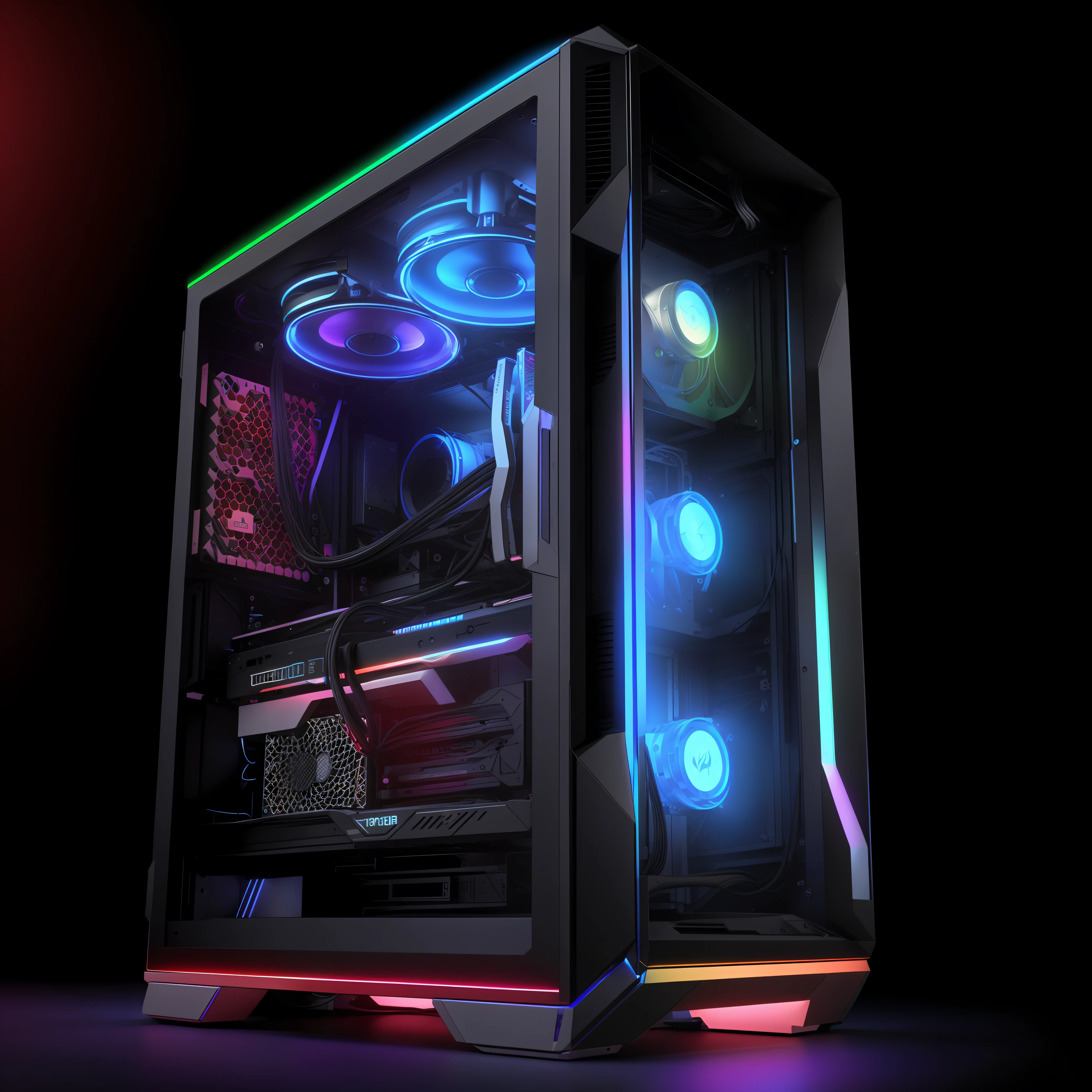a close up of a computer case with three fans on it, gaming pc case, gaming pc, pc gaming, gaming computers, rgb, rtx, custom computer, rgb ethereal lighting, detailed wide shot, 8k computer render, led gaming, liquid cooled desktop, sgi iris graphics, liquid cooling, pc, vibrant and dynamic