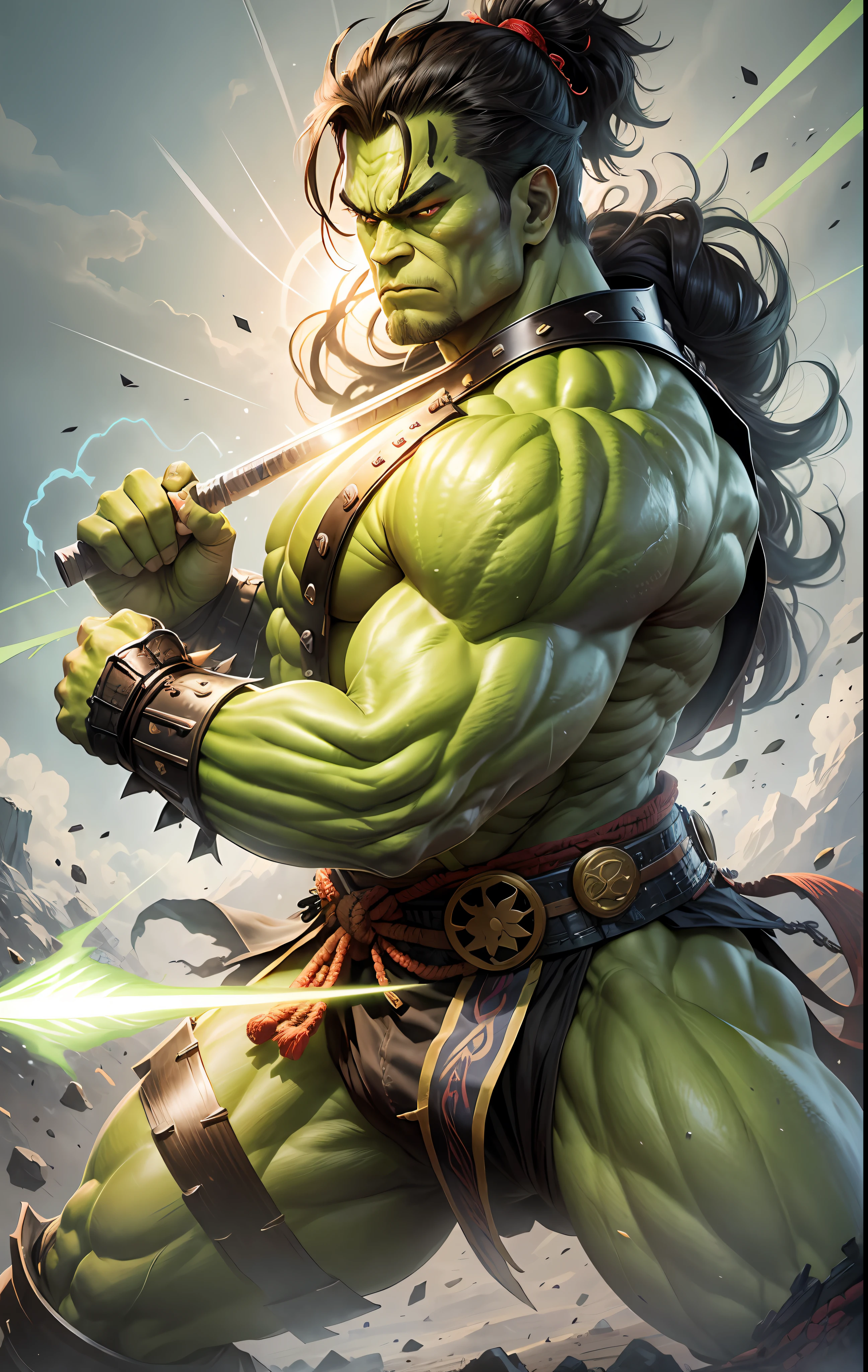 "Imagine a stunning fusion between the Hulk and a samurai, creating a unique and powerful character."
Command for the image: "Create an epic illustration of the Hulk in samurai armor, combining elements of the character with the aesthetics and tradition of Japanese warriors. Highlight your bright green skin contrasting with the detailed armor, adorned with samurai symbols. Be sure to represent his imposing strength and size, with the Hulk holding a durable katana, ready for battle. Capture the essence of the samurai Hulk, portraying his ferocity and thrilling in this incredible image." --auto --s2